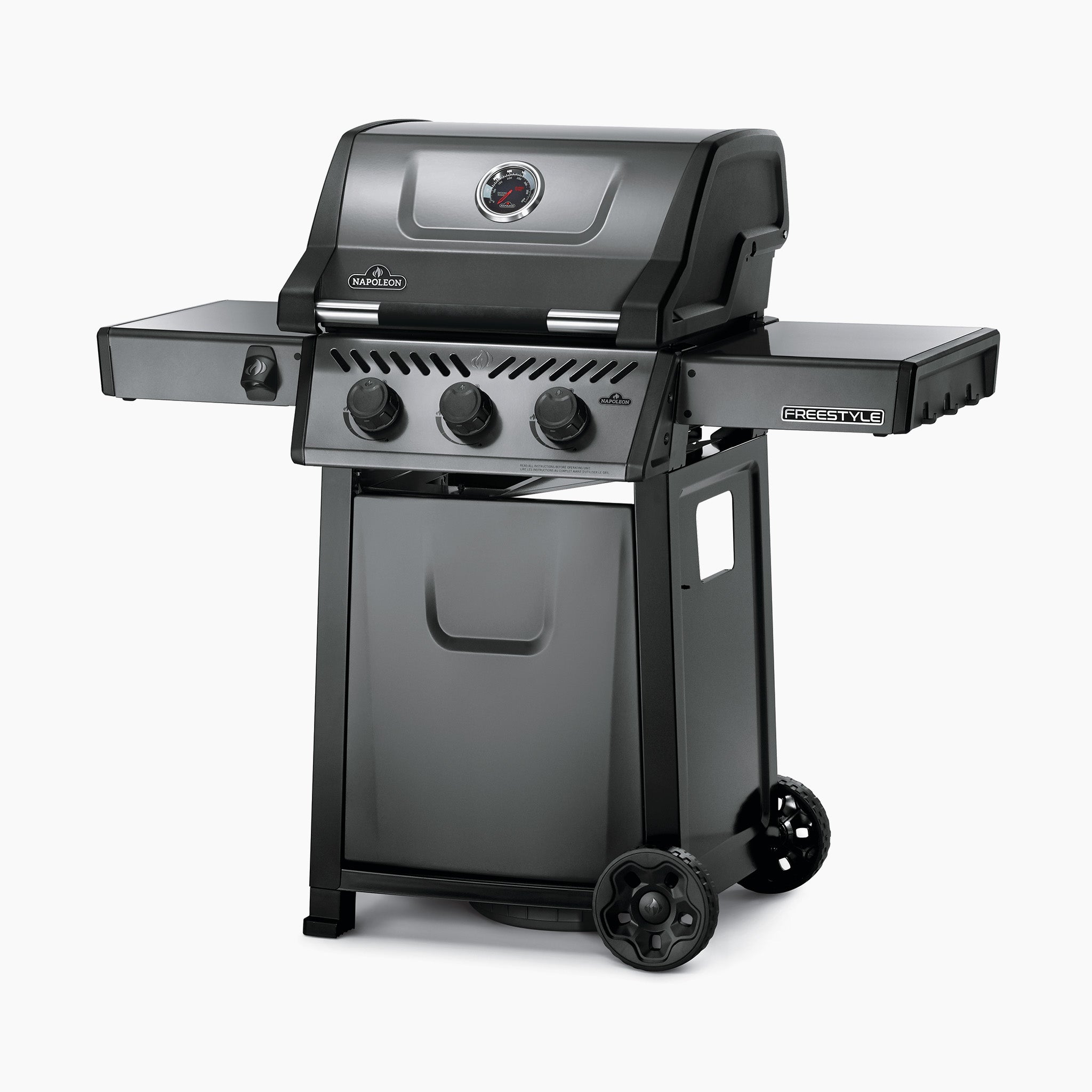 Napoleon Freestyle 365 Gas Barbecue - Black outdoor propane grill with side shelves and wheels, featuring cast iron cooking grids, three control knobs, a built-in thermometer on the lid, and a reliable JETFIRE ignition system.
