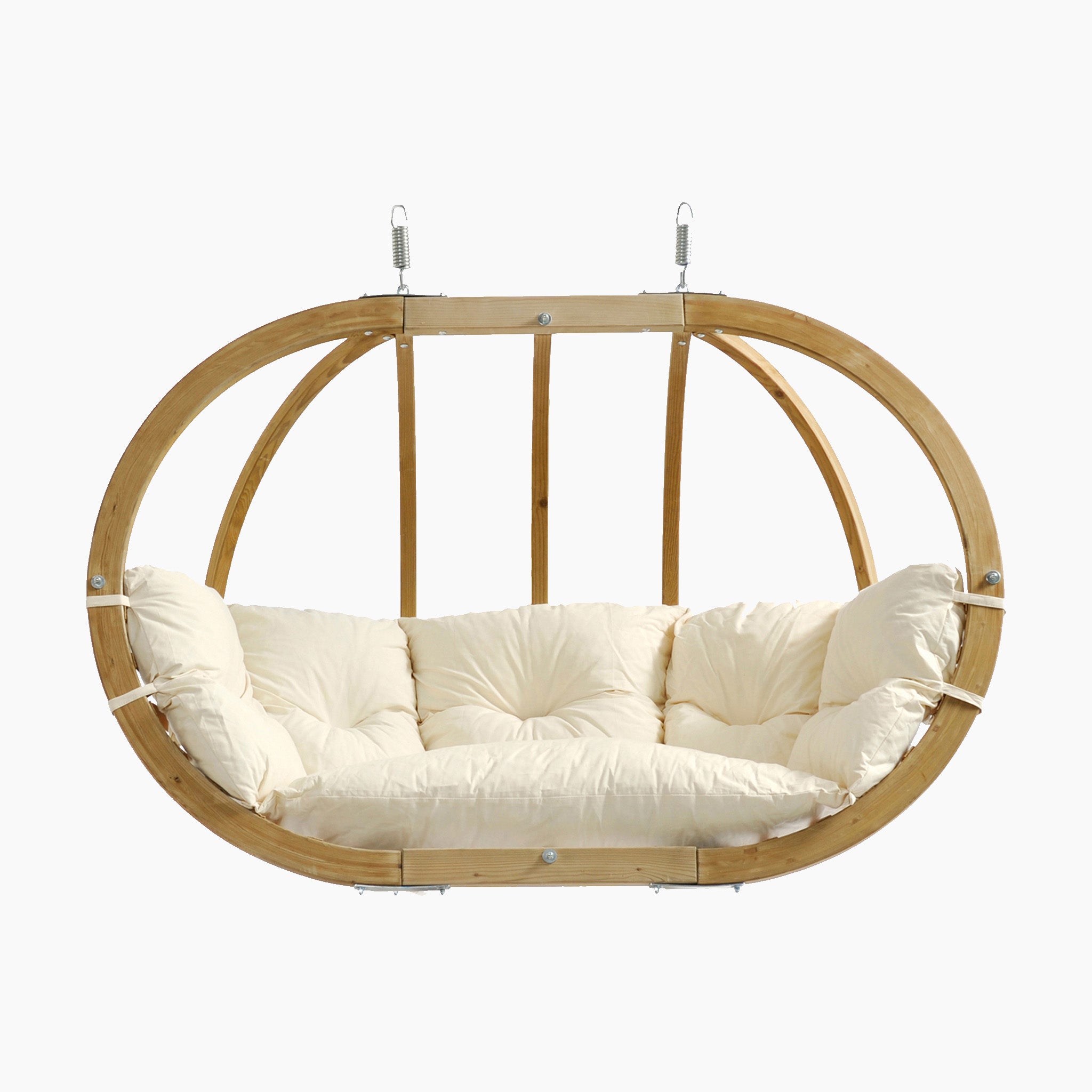 The Globo Royal Double Seater Hanging Chair in Natura features a wooden frame made from weatherproof spruce wood and plush beige cushions. It's suspended by metal springs and set against a white background, making it ideal for outdoor use.