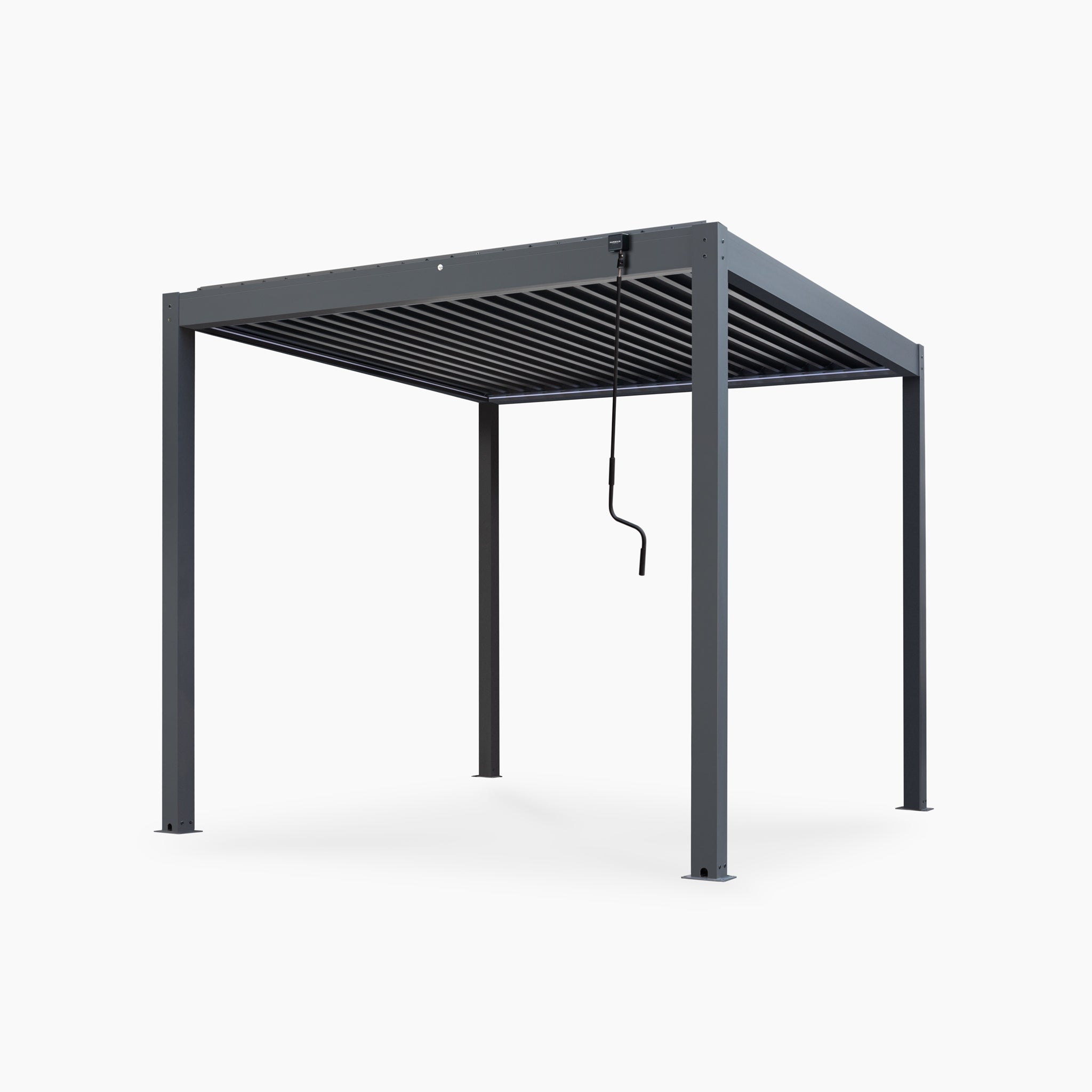 The PergoSTET Plus 3m x 3m Square Pergola in grey features a modern frame with LED lighting and a manual crank handle for easy adjustment of its slatted, waterproof roof.