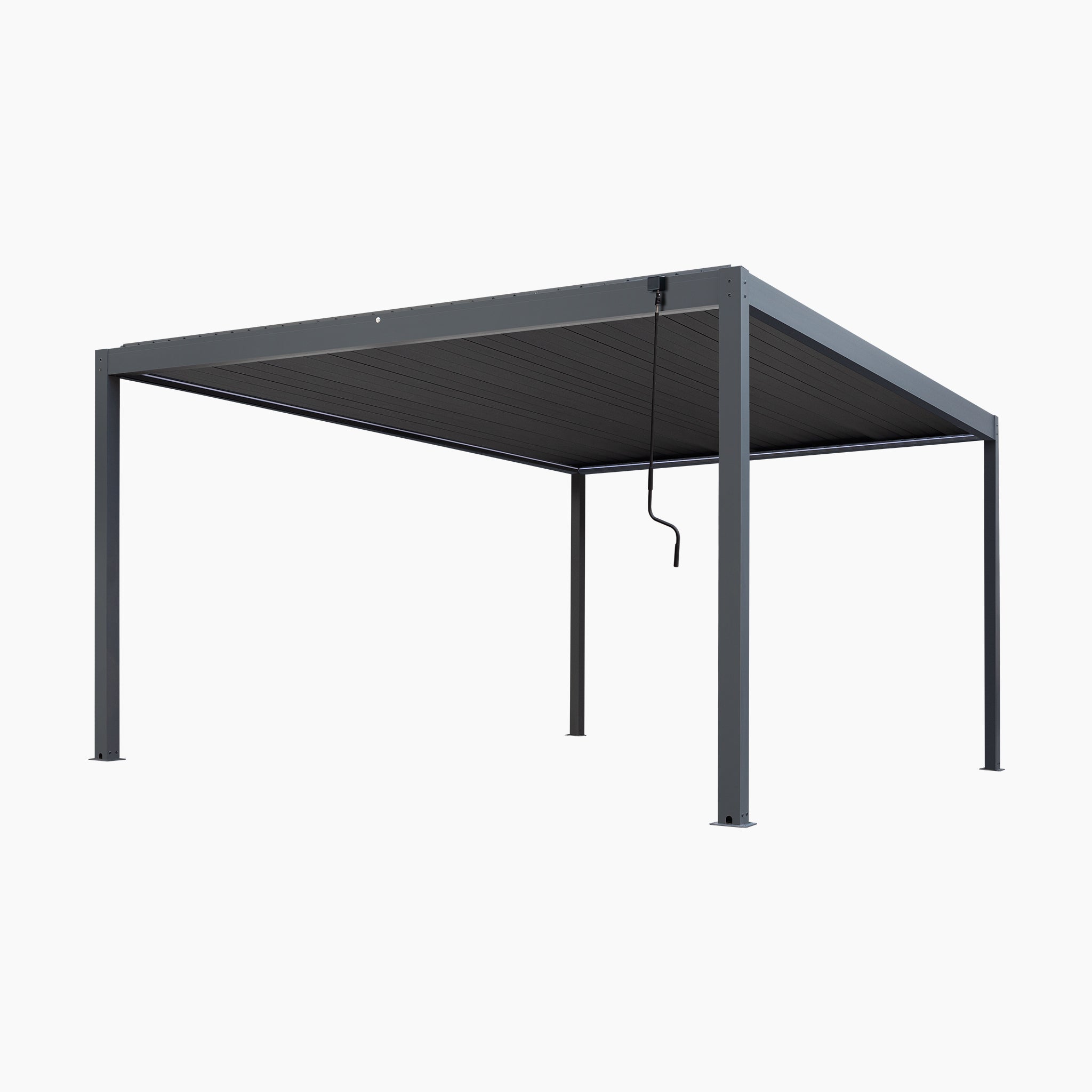 The PergoSTET Plus Frame Only 4m x 4m Square Pergola in grey features a sleek louvred roof, LED lighting, and four legs with a hand crank on one side, shown against a plain white background.