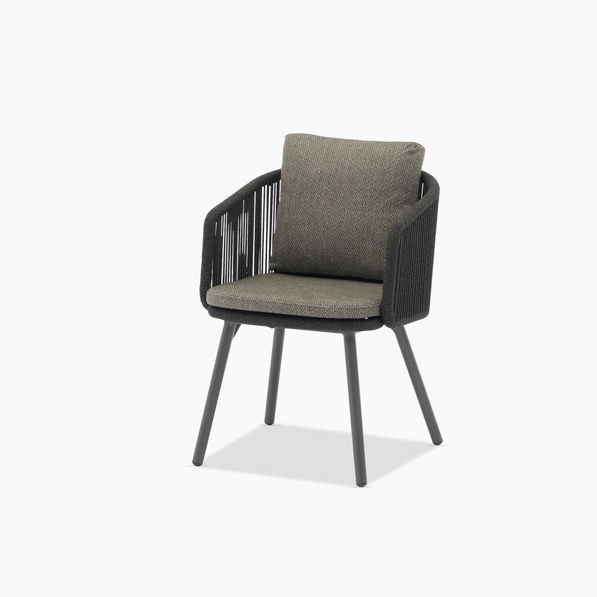 The Dekota Dining Chair in Charcoal (2pcs) features a modern woven rope frame, gray cushions, and angled metal legs—an ergonomic yet stylish choice for outdoor dining comfort.