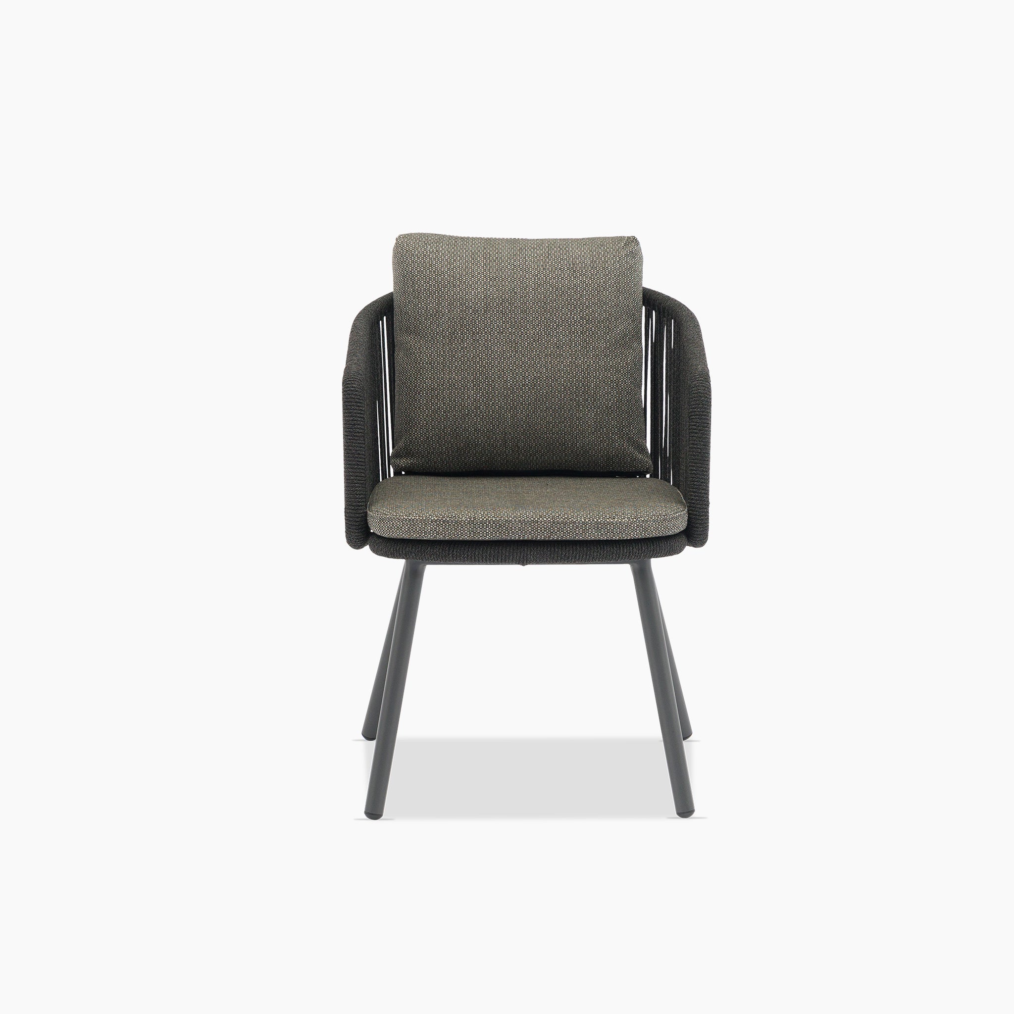 Front view of the Dekota Dining Chair in Charcoal (set of 2), featuring a modern ergonomic design with cushioned seat, backrest, and black metal legs on a white background.