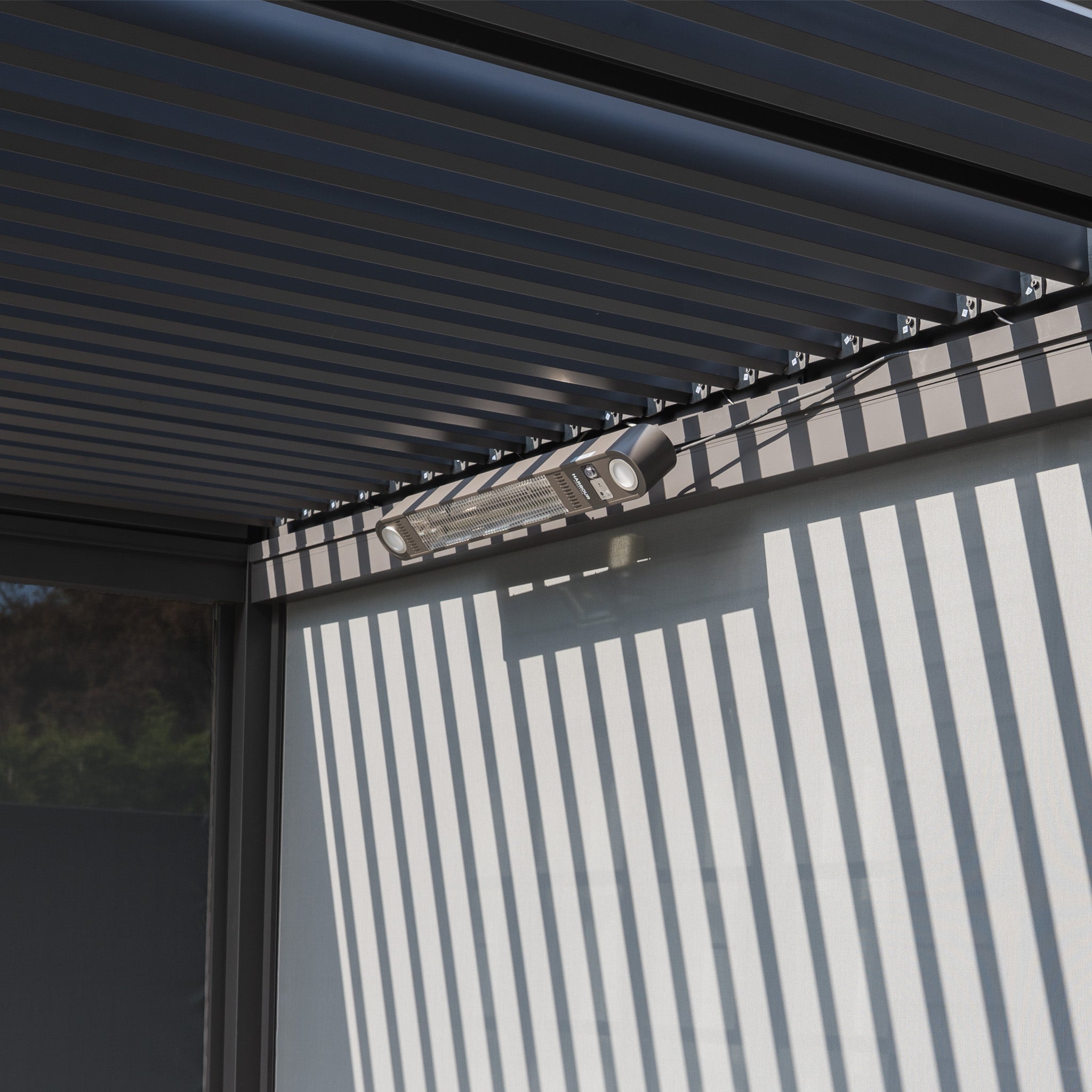 PergoSTET Deluxe 3m x 6m Rectangular Pergola with Motorised LED Louvres and 4 Manual Side Blinds in Grey