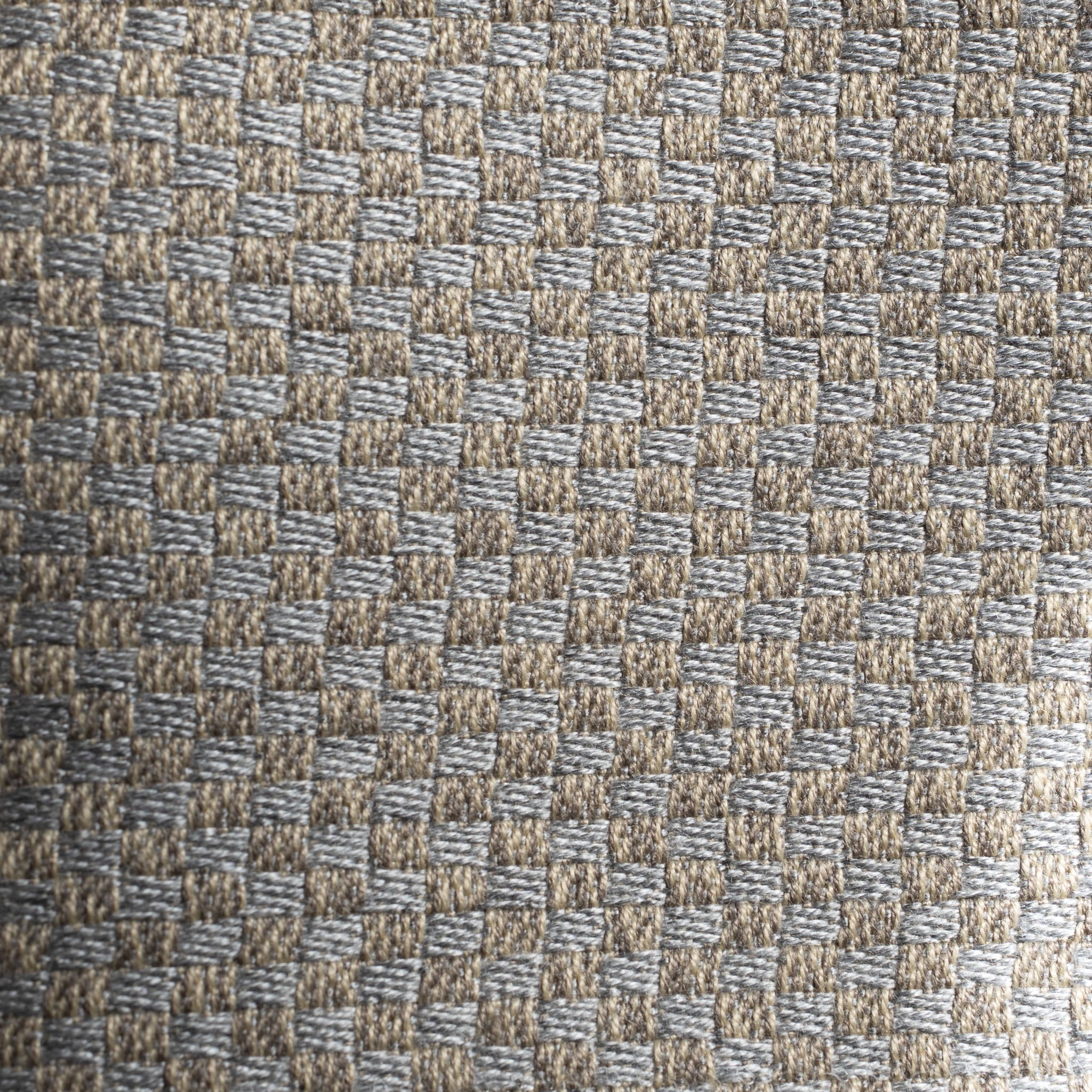 Close-up of the Agora Senda Taupe Medium Scatter Cushion (45cm x 45cm) featuring a beige and gray checkered woven fabric made from solution-dyed acrylic, perfect for garden use.