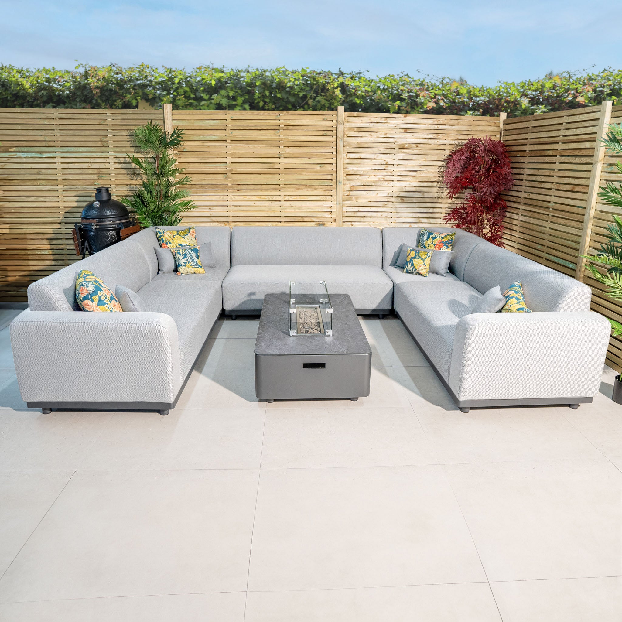 Luna U-Shape Outdoor Fabric Sofa Set with Firepit Coffee Table in Oyster Grey