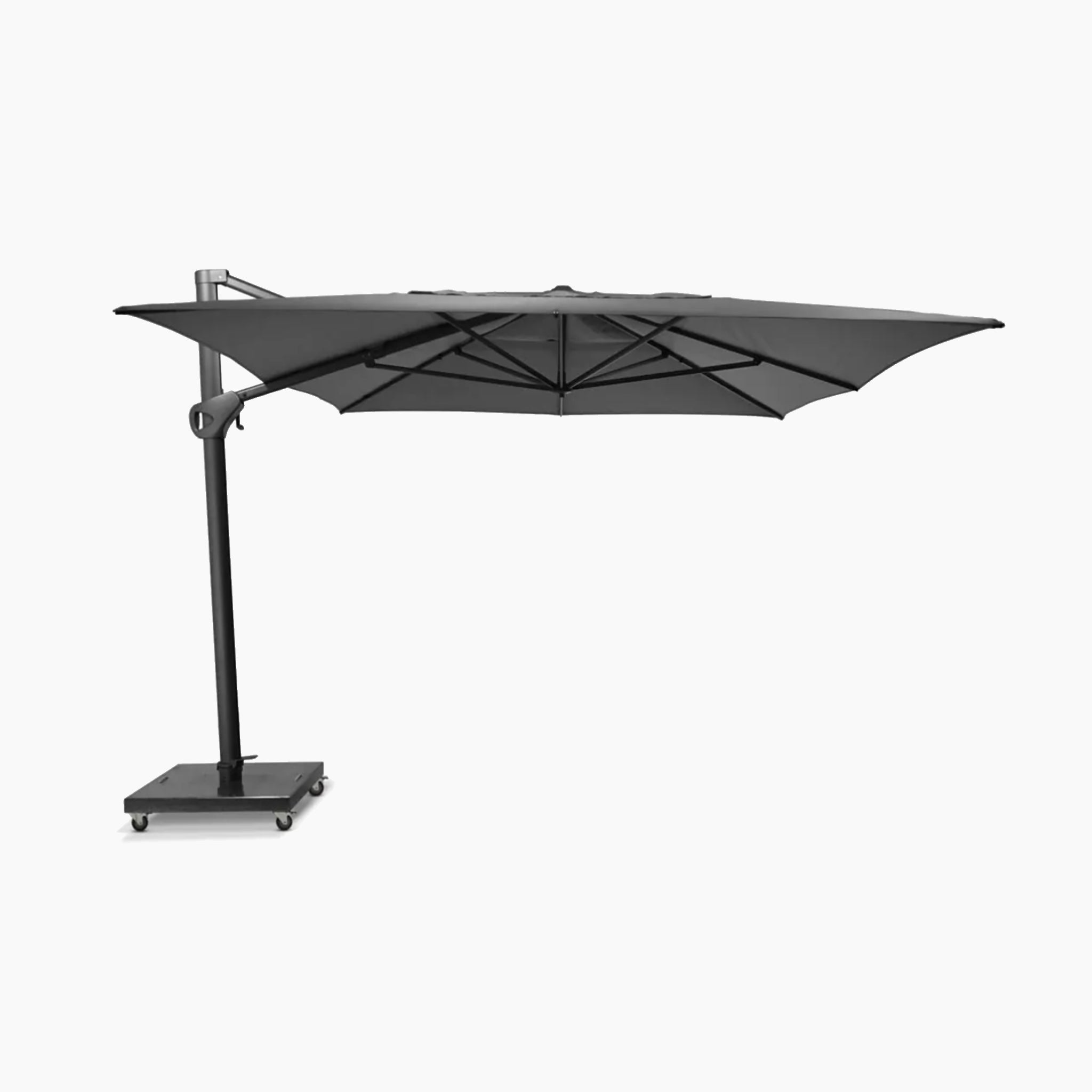 A large, charcoal Hacienda 3m x 4m Cantilever Parasol with a granite base and cover on a white background, featuring a side pole and 360-degree rotation for optimum shade.