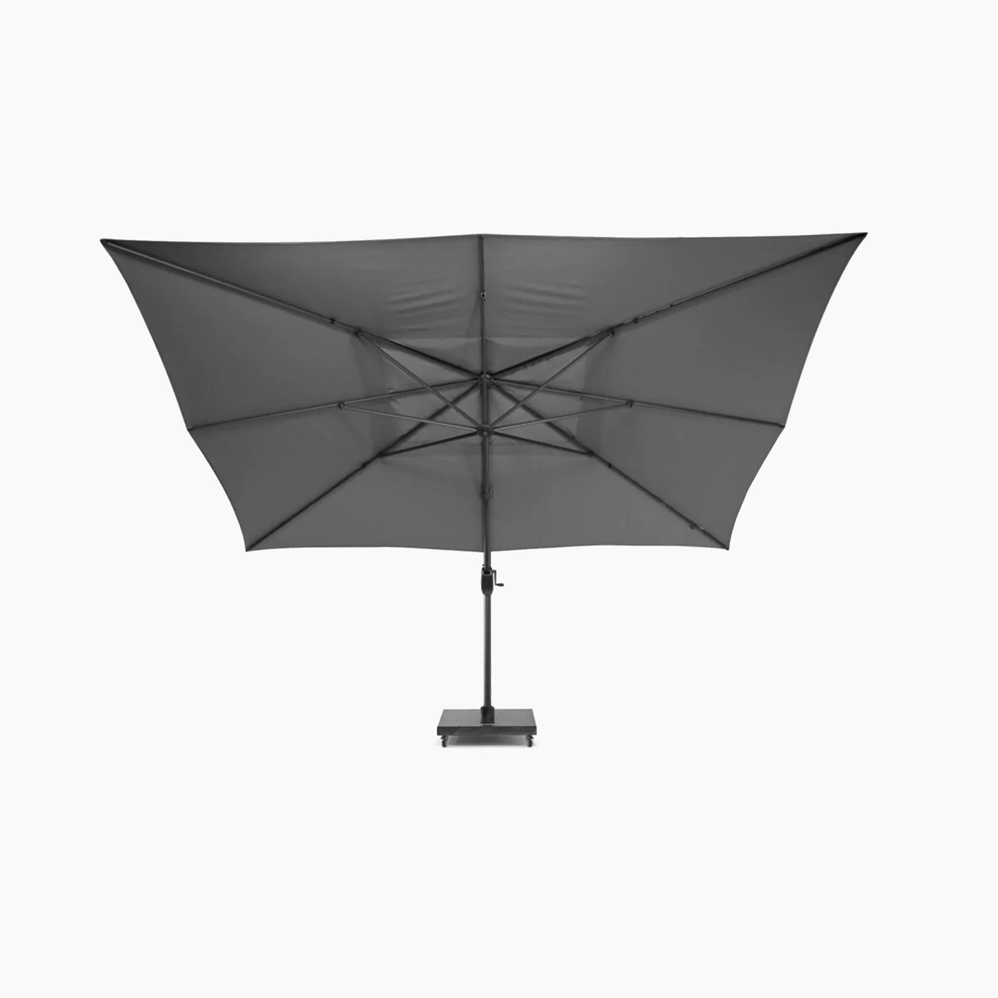 A large, charcoal Hacienda 3m x 4m Cantilever Parasol with a granite base and cover, featuring a UV-resistant canopy, viewed against a white background.