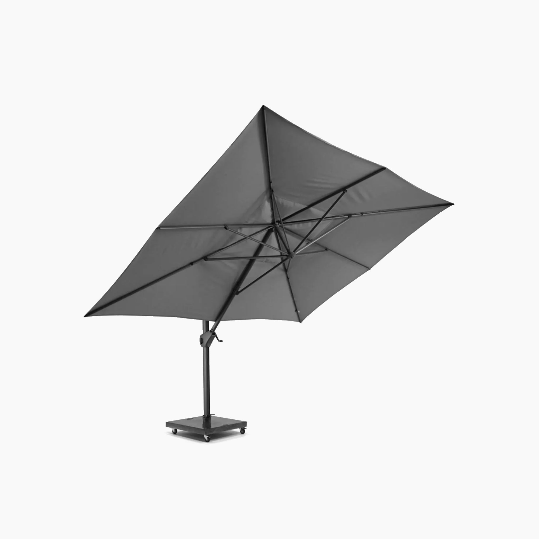 The Hacienda 3m x 4m Cantilever Parasol with Granite Base & Cover in Charcoal features a robust base, adjustable tilt, UV-resistant canopy, and 360-degree rotation for optimal sun protection.