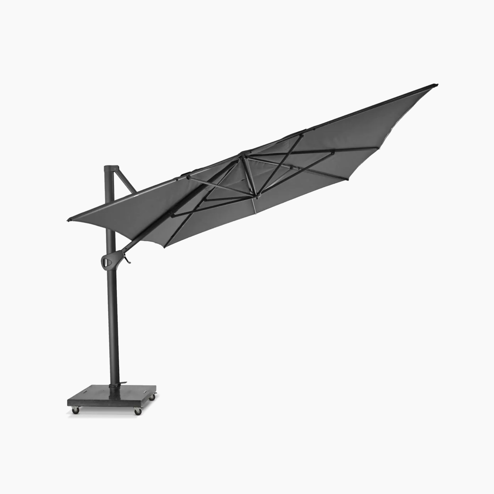 A charcoal-colored Hacienda 3m x 4m cantilever parasol with a UV-resistant canopy and a granite base on a white background, offering 360-degree rotation for versatile shade coverage.