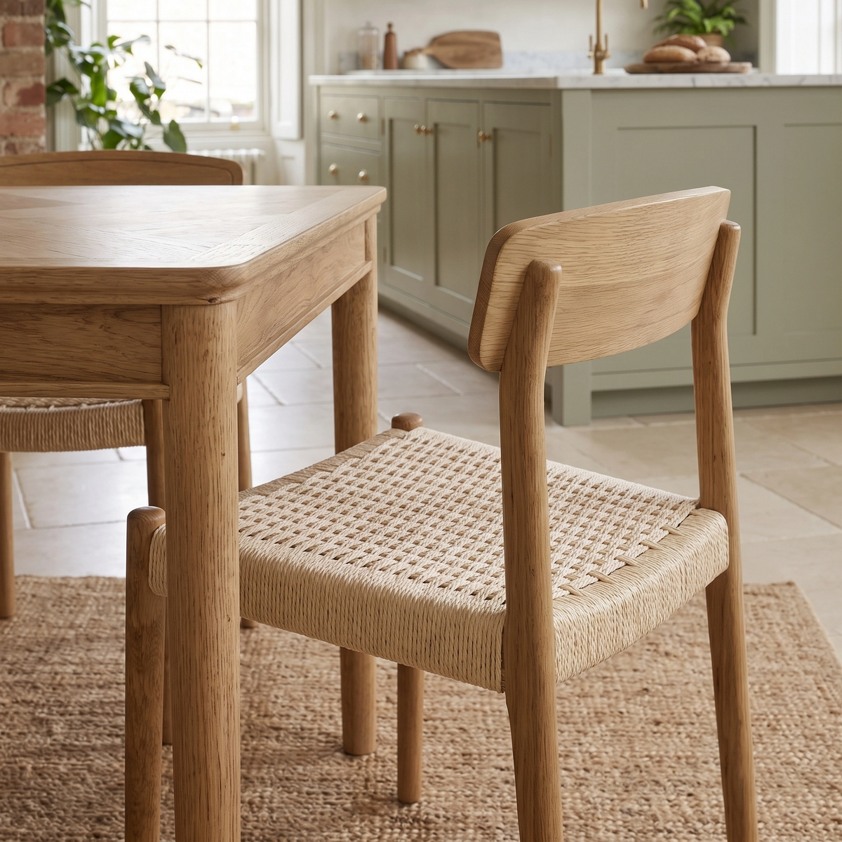 Hadley Set of 2 Dining Chairs in Natural paired with a wooden dining table brighten a kitchen with green cabinets and natural light.