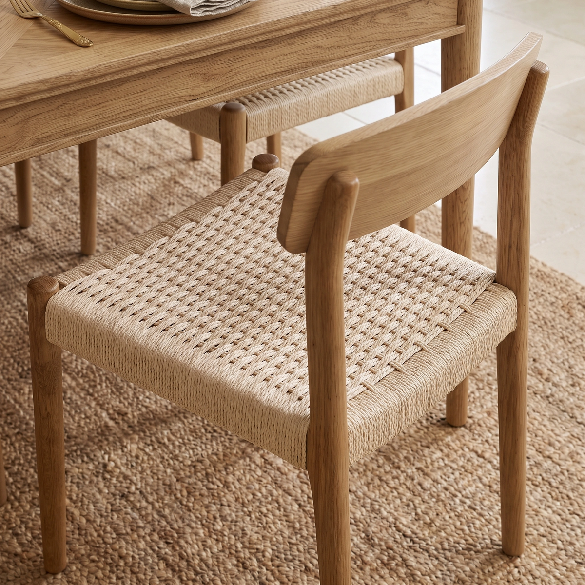A Hadley Set of 2 Dining Chairs in Natural with woven seats is placed beside a wooden dining table on a textured rug.