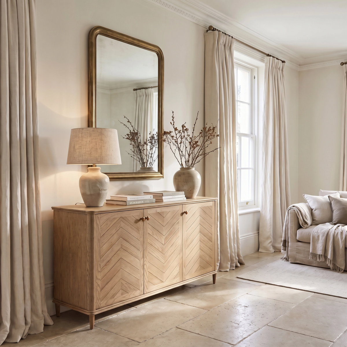Neutral living room featuring the Hadley Herringbone 3 Door Sideboard in Natural, paired with a lamp, vase, mirror, draped curtains, and a light sofa.