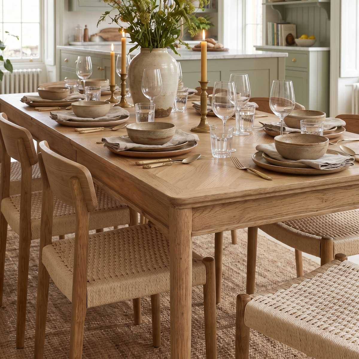 A Hadley Herringbone 6-8 Extending Dining Table in Natural set for a meal with neutral dishes, glasses, napkins, and candles in a cozy kitchen.