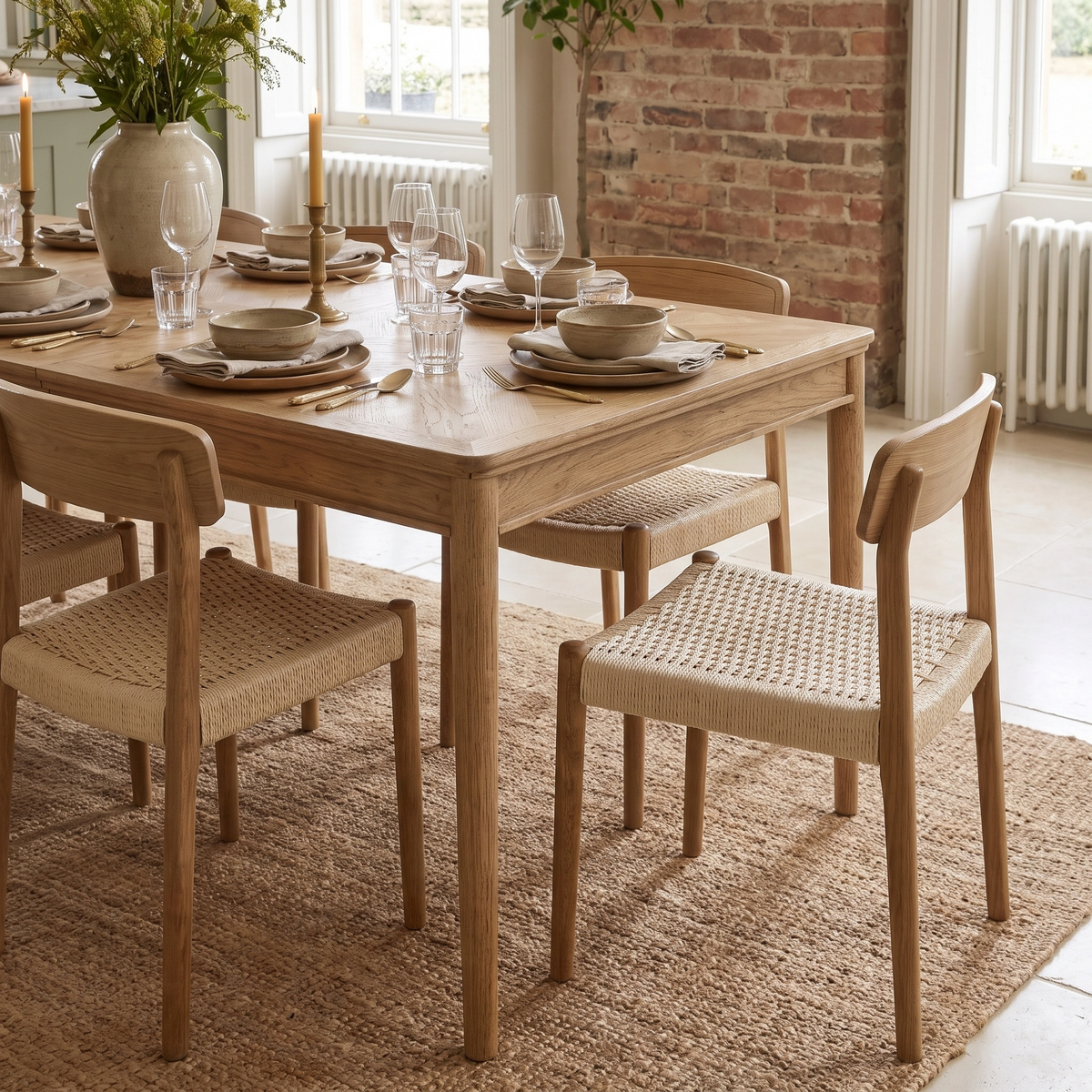 The Hadley Herringbone 6-8 Extending Dining Table in Natural, set with plates and glasses, is showcased in a bright, cozy room alongside four chairs.