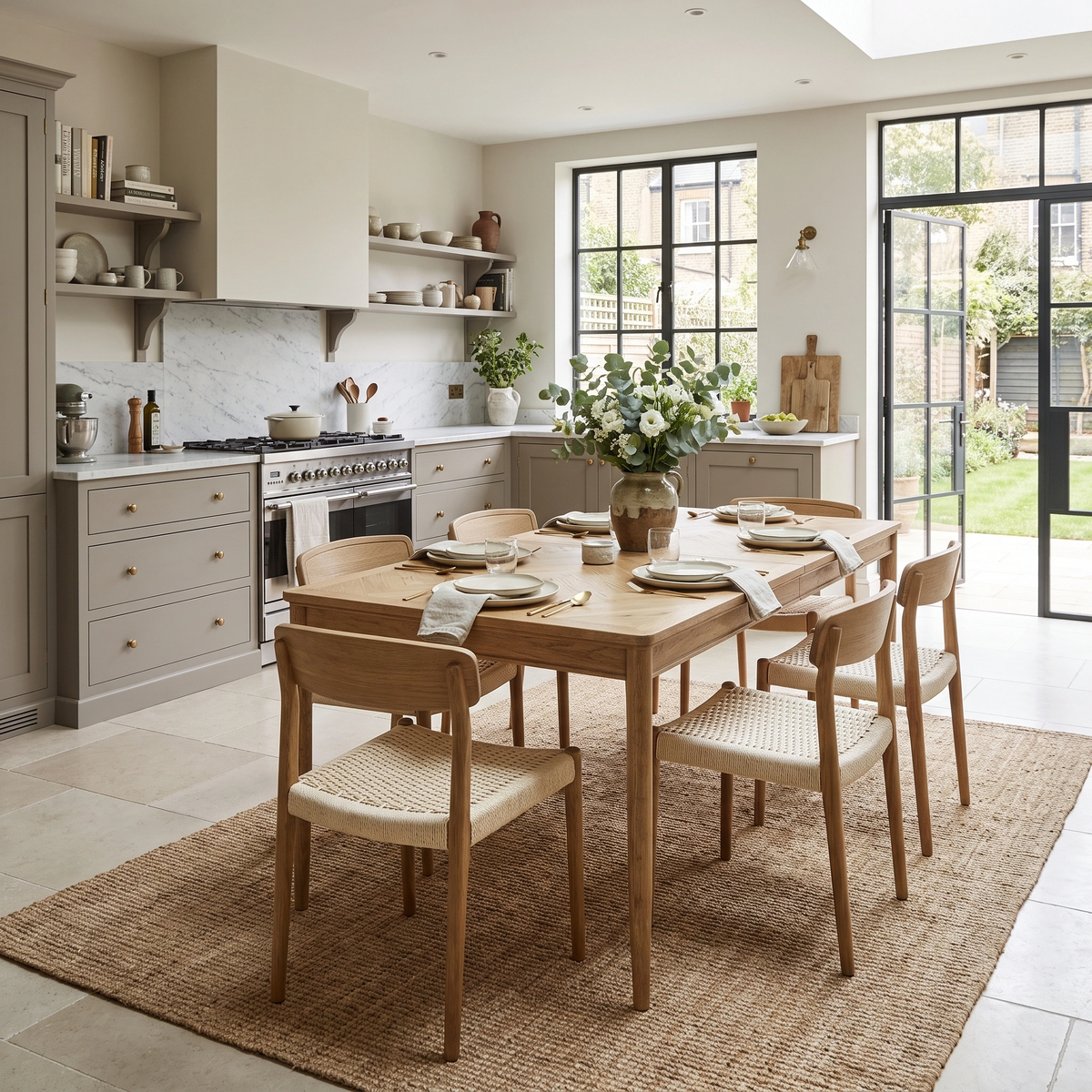 A bright, neutral-toned kitchen featuring the Hadley Herringbone 6-8 Extending Dining Table in Natural, woven chairs, and a garden view through patio doors.