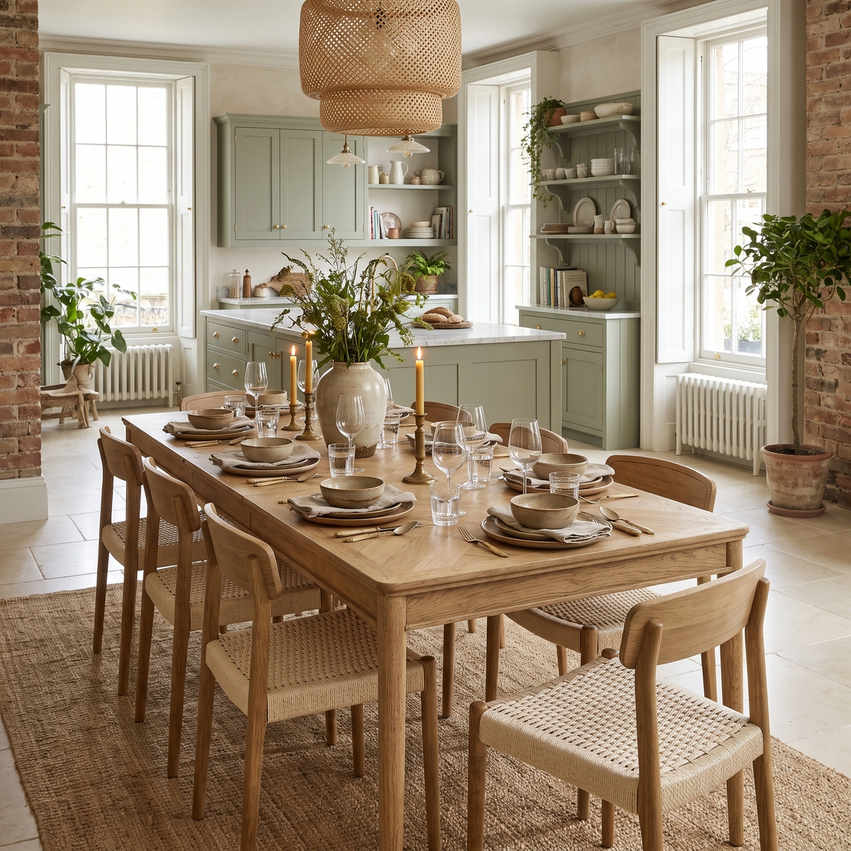 Light-filled kitchen and dining area featuring the Hadley Herringbone 6-8 Extending Dining Table in Natural, set for eight, with green cabinets in the background.
