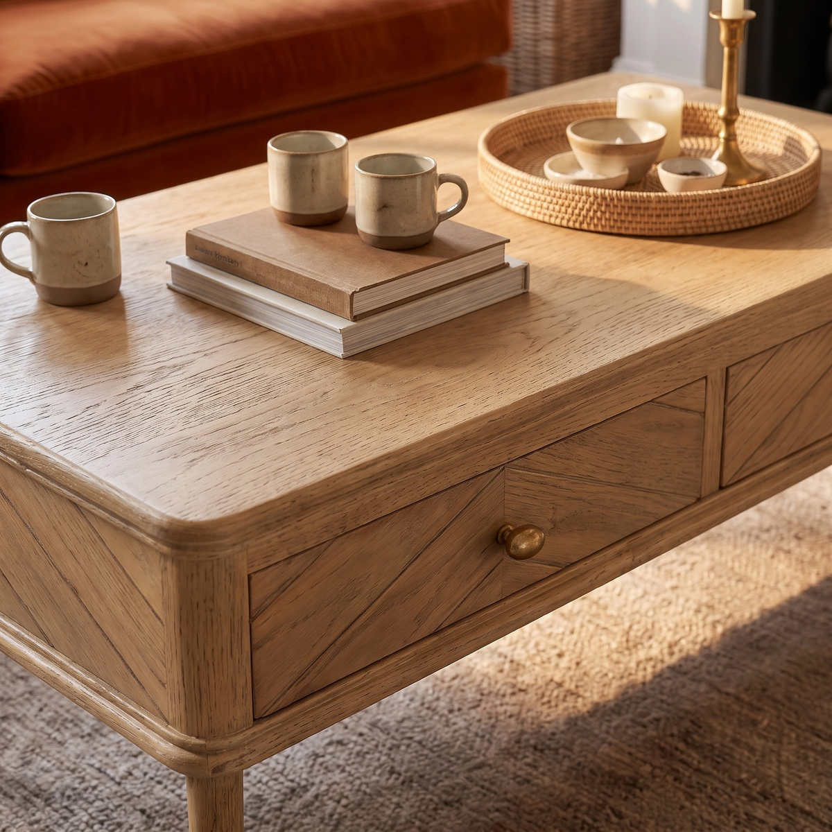Hadley Herringbone Coffee Table in Natural styled with books, ceramic mugs, and a tray with candles creates a cozy living room setting. The natural oak table showcases a subtle chevron parquet design, adding an elegant touch to the warm atmosphere.