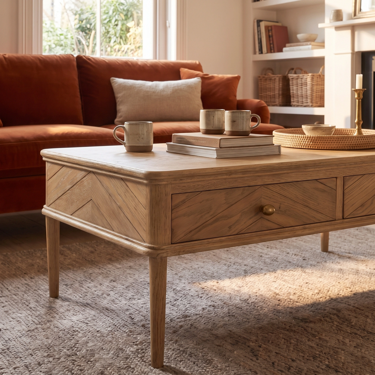 A Hadley Herringbone Coffee Table in Natural, decorated with mugs and books, sits in a cozy living room with a brown sofa and sunlight streaming in.