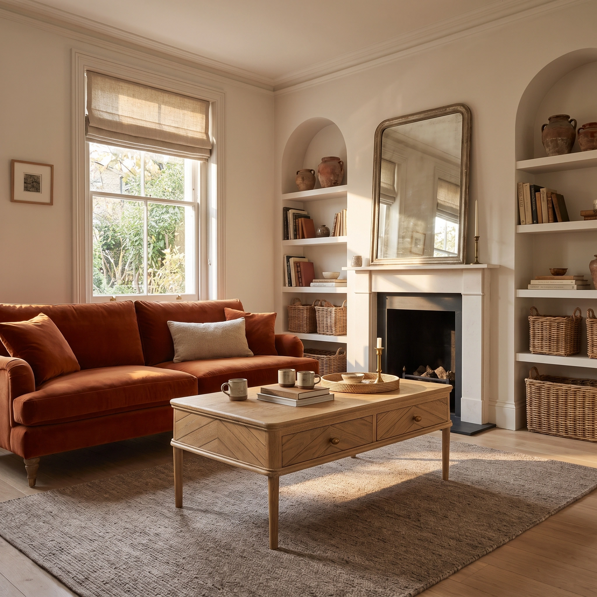 Cozy living room with an orange sofa, fireplace, shelves, large window, and the Hadley Herringbone Coffee Table in Natural, which adds warmth to the inviting atmosphere.