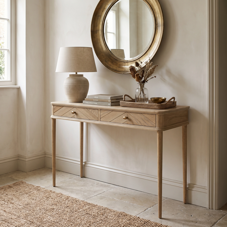 A Hadley Herringbone Console Table in Natural is styled with a lamp, books, a bowl, and dried flowers beneath a round mirror.