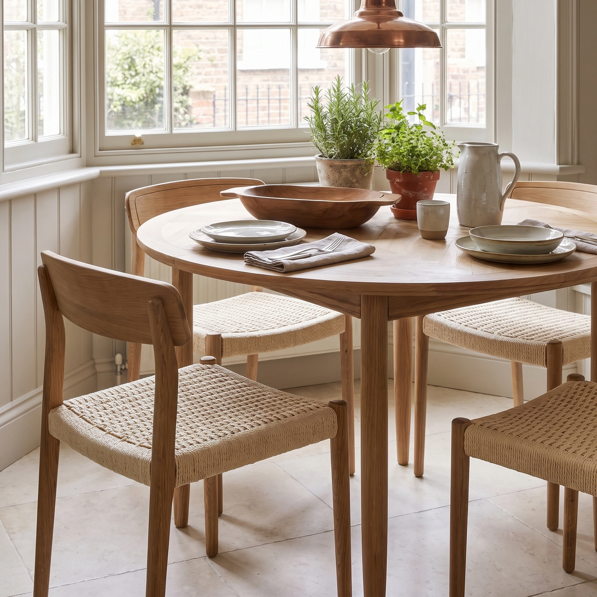 In a bright dining area by large windows, the Hadley Herringbone 4-6 Round Extending Dining Table in Natural is beautifully set with dishes and plants, creating an inviting space perfect for both everyday meals and entertaining guests.