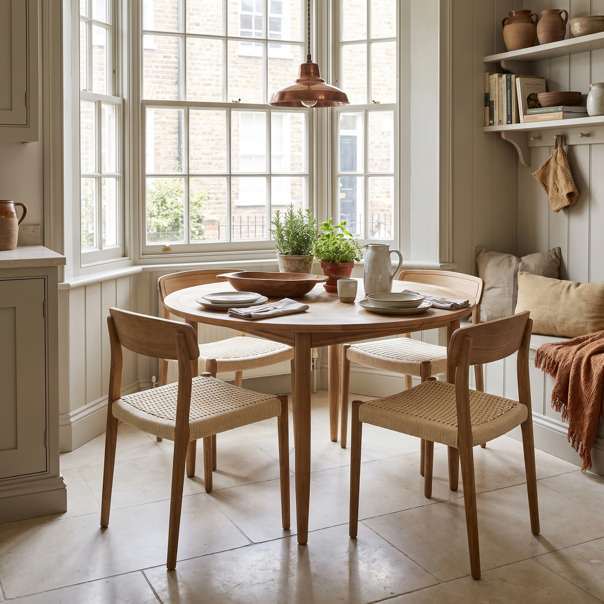 The Hadley Herringbone 4-6 Round Extending Dining Table in Natural is paired with four chairs, creating a cozy, sunlit kitchen nook by large bay windows.