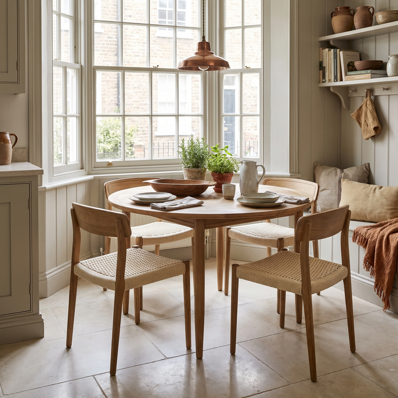 The Hadley Herringbone 4-6 Round Extending Dining Table in Natural is paired with four chairs, creating a cozy, sunlit kitchen nook by large bay windows.