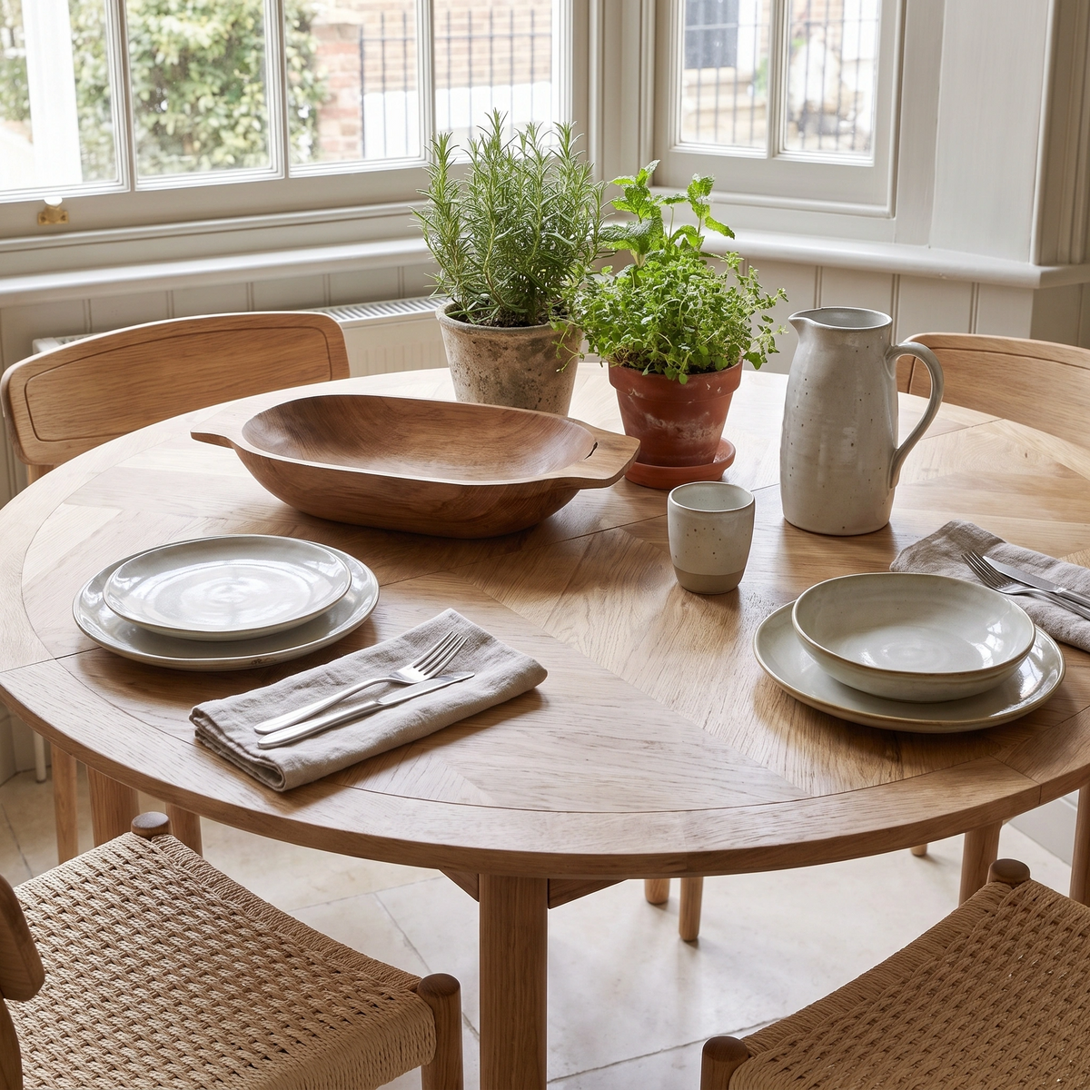 Hadley Herringbone 4-6 Round Extending Dining Table in Natural set with plates, cups, napkins, and potted herbs by a window with natural light.