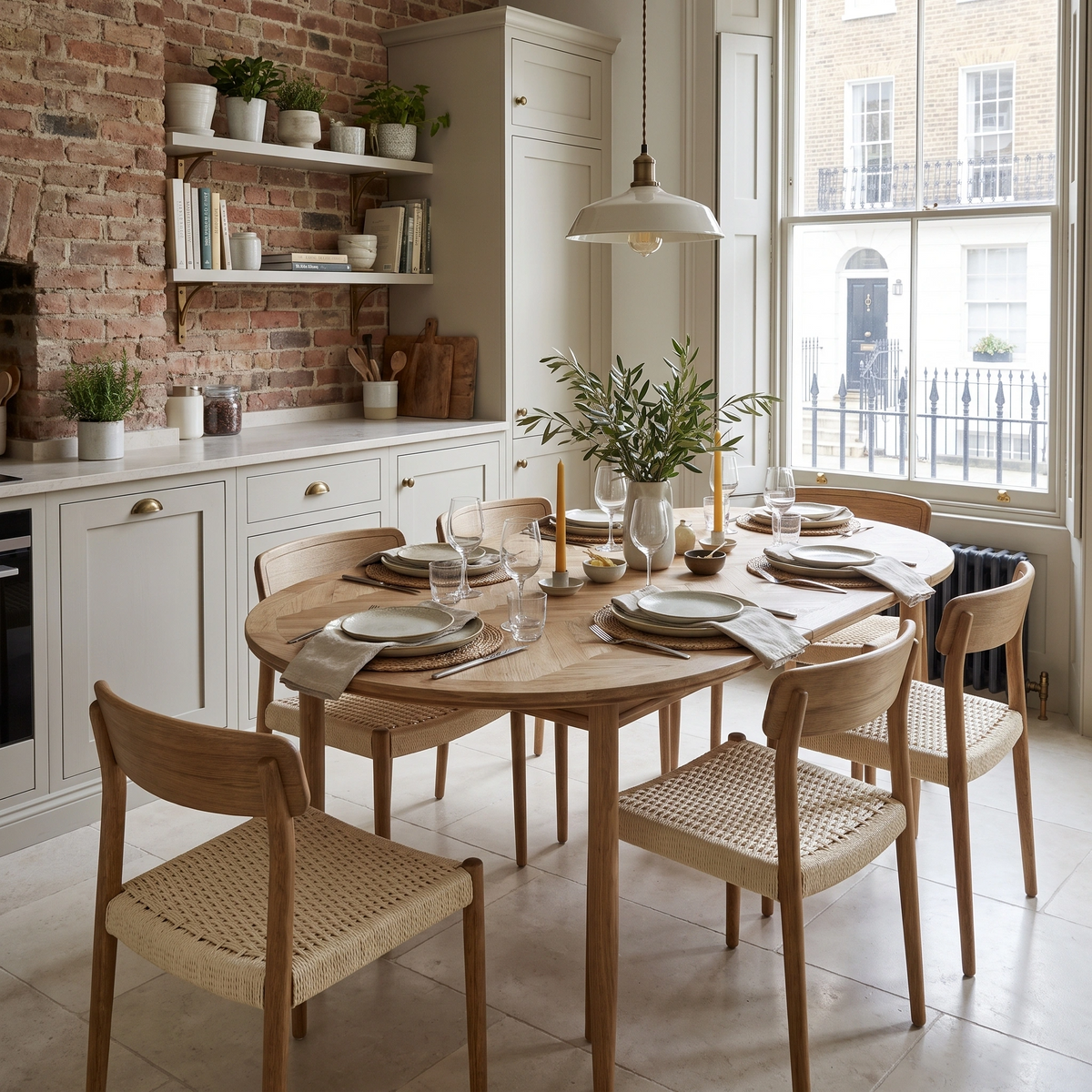 A cozy dining area featuring the Hadley Herringbone 4-6 Round Extending Dining Table in Natural, six chairs, tableware, and plants arranged near a large window and brick wall.
