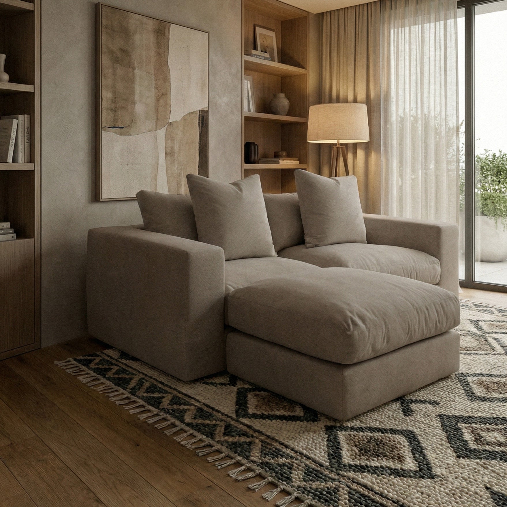 Hampshire Modular 2 Seat Sofa in Cocoa with duck feather cushions on a patterned rug in a cozy, modern living room featuring shelves and a floor lamp.