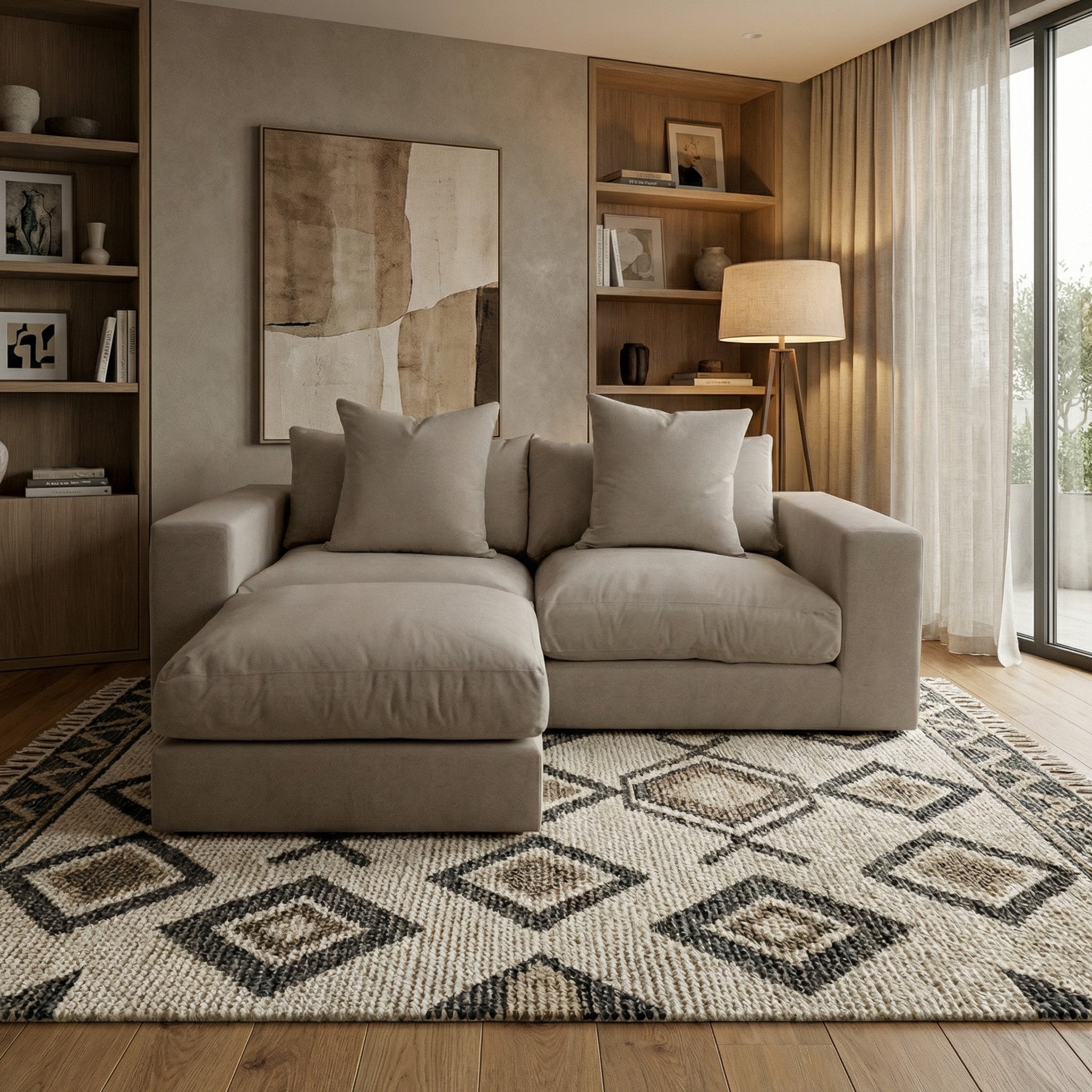 The Hampshire Modular 2 Seat Sofa in Cocoa, featuring duck feather cushions, sits on a patterned rug in a modern living room with shelves, a lamp, and abstract wall art.