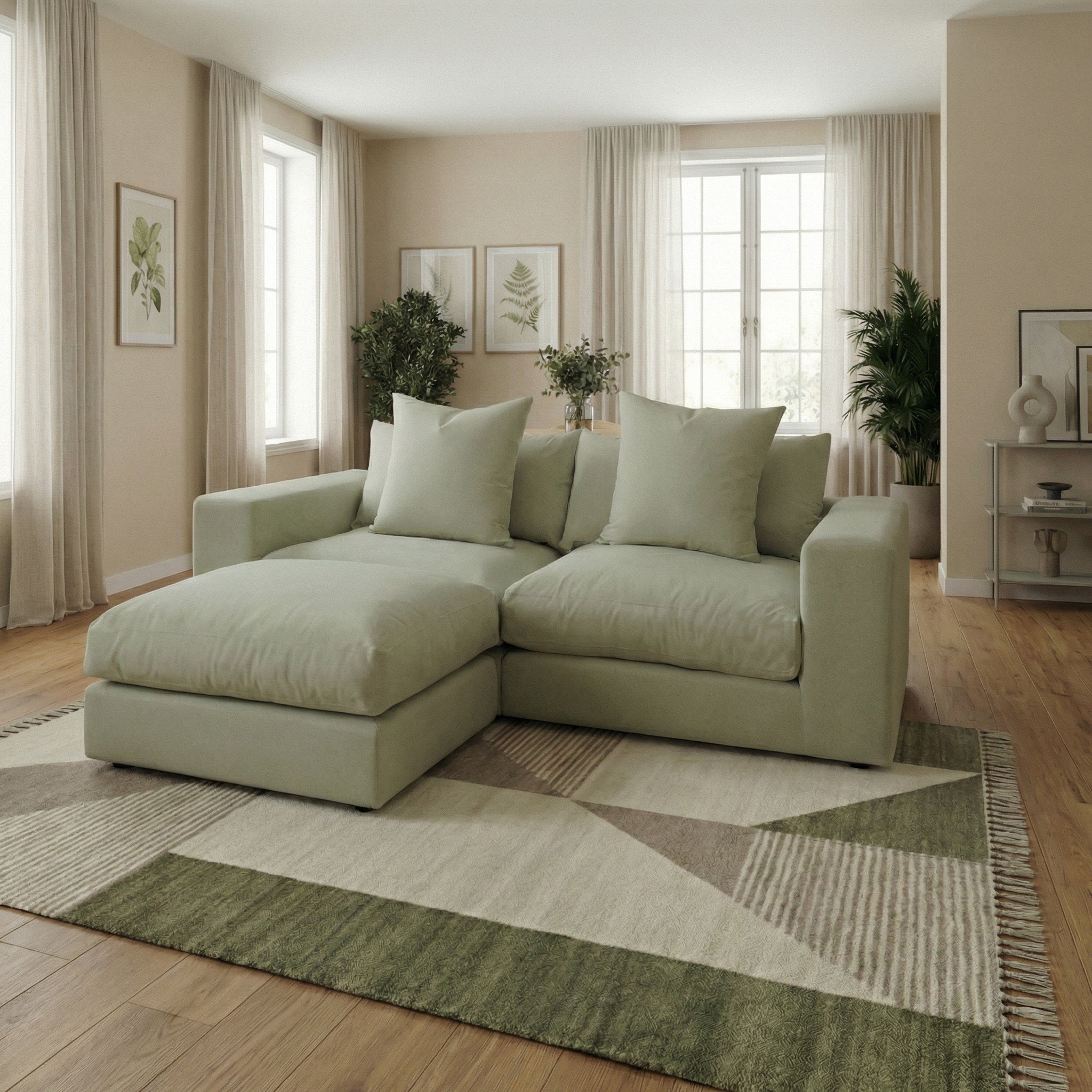 The Hampshire Modular 2 Seat Sofa in Moss Green, featuring duck feather cushions, sits on a geometric rug in a bright, modern living room with plants and framed art.