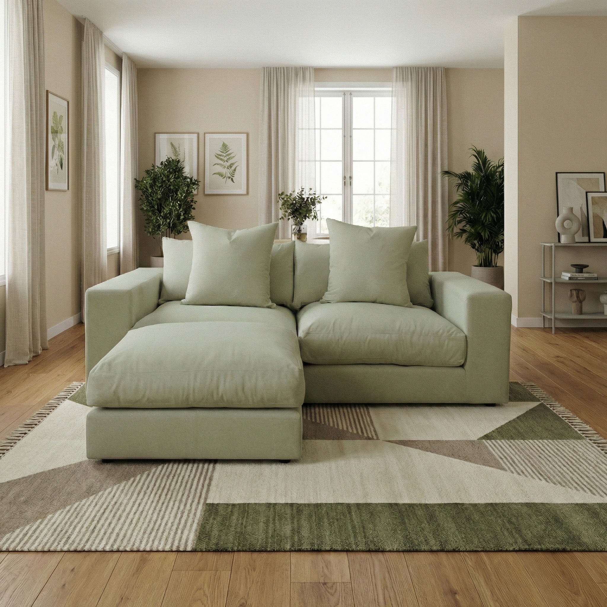 The Hampshire Modular 2 Seat Sofa in Moss Green, with plush duck feather cushions, sits on a geometric rug in a bright, modern living room filled with plants and decor.