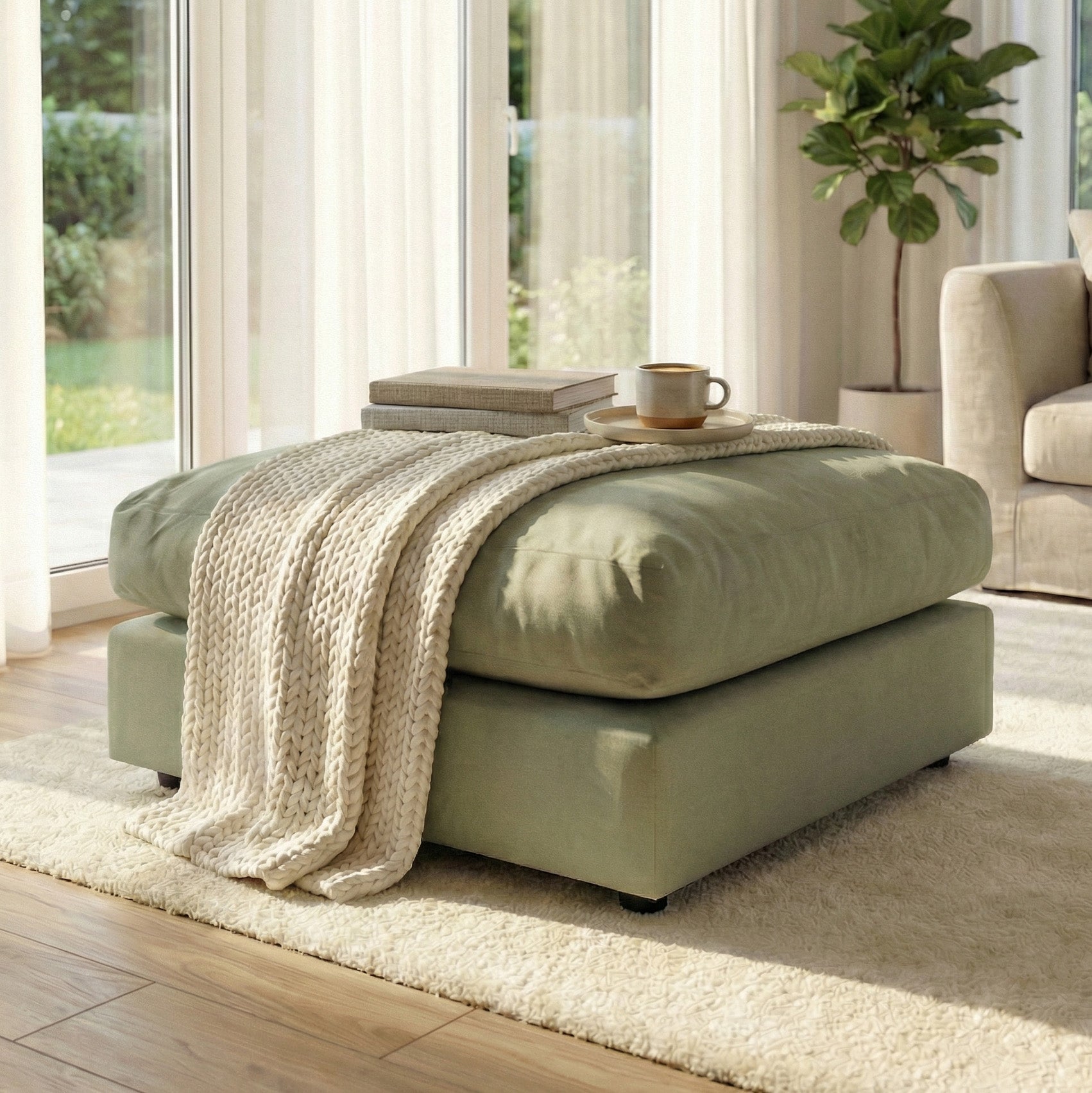 The Hampshire Modular Footstool in Moss Green, topped with a knit throw, books, and a mug, sits in a bright living room with large windows and a plant.