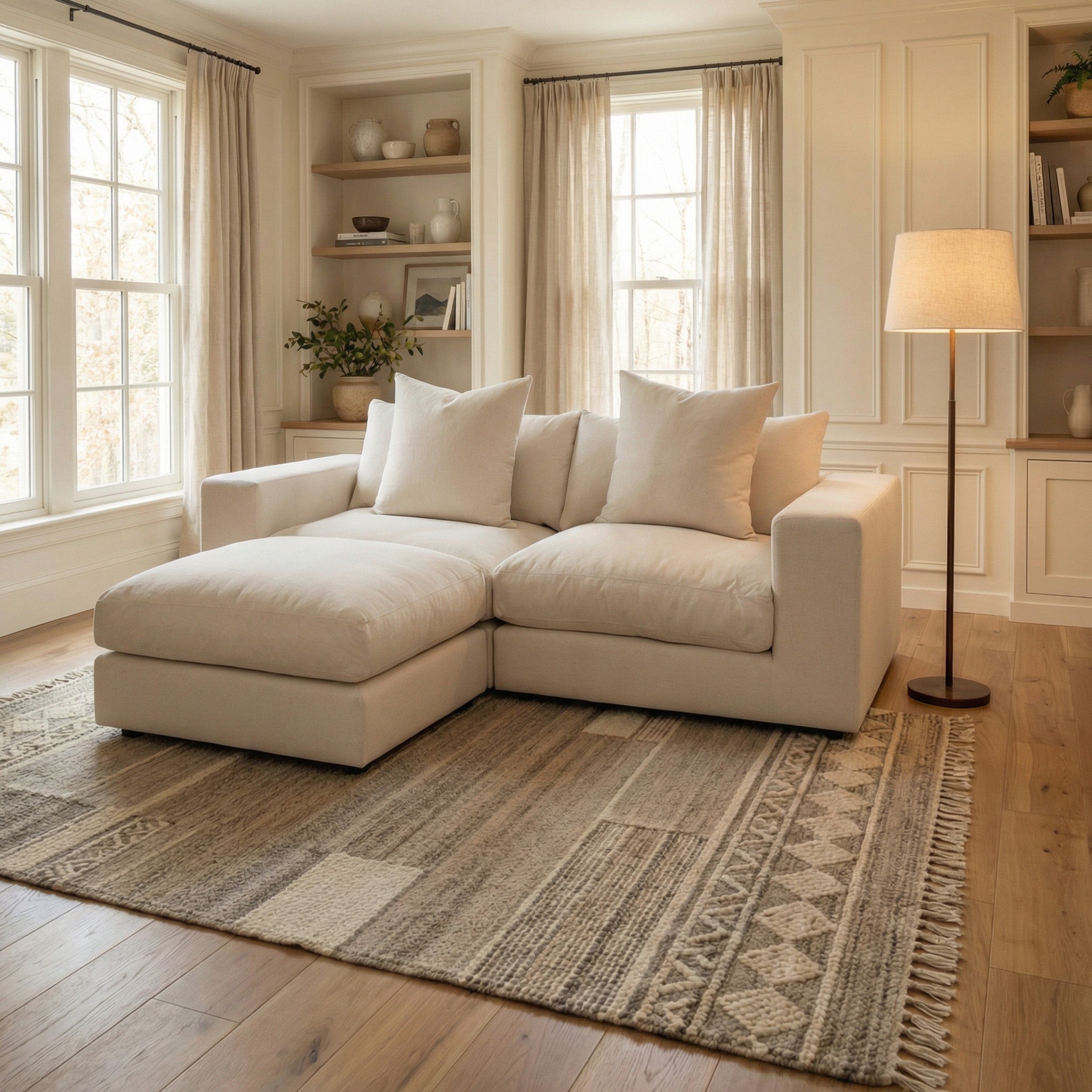 A cozy, bright living room with the Hampshire Modular 2 Seat Sofa in Beige—handmade in England with plush duck feather and down cushions—paired with a floor lamp and a patterned rug on wood floors.