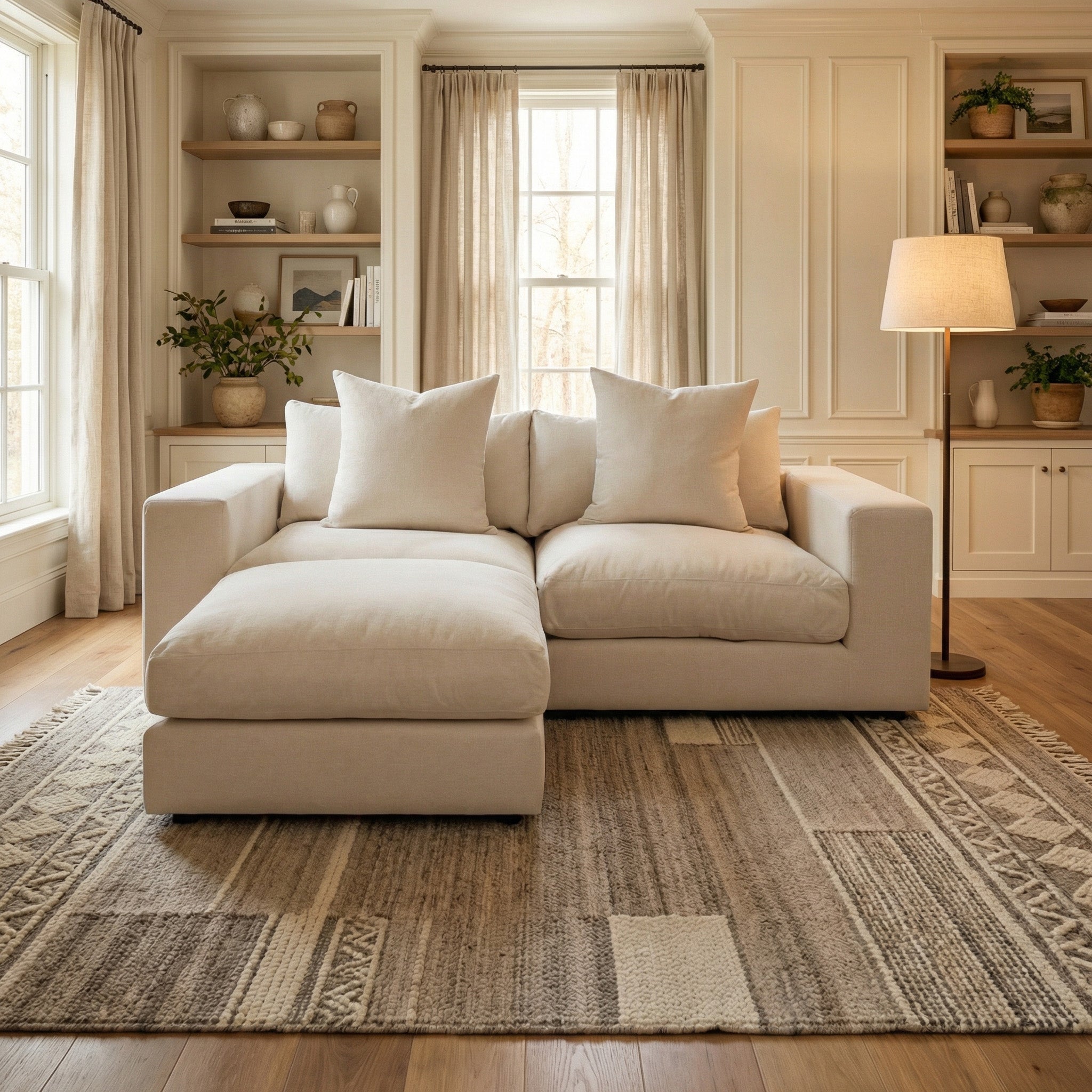 A cozy living room with the Hampshire Modular 2 Seat Sofa in Beige—duck feather and down cushions, a neutral rug, shelves, and a floor lamp by curtained windows—handmade in England for timeless comfort.