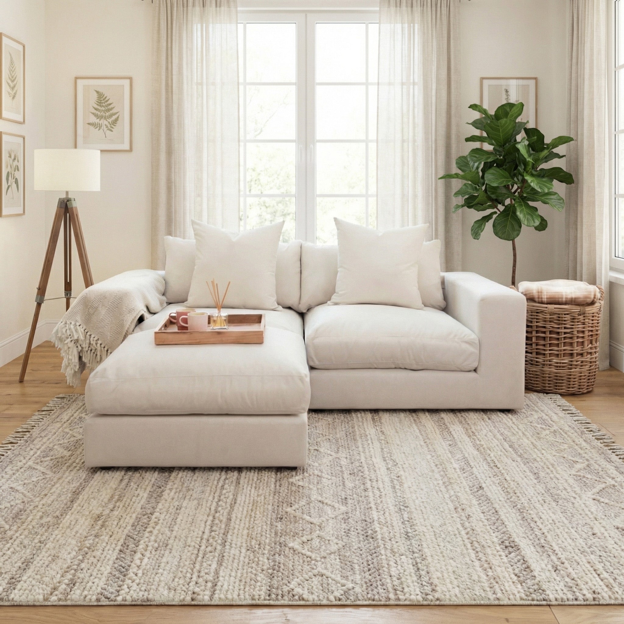 Bright living room with the Hampshire Modular 2 Seat Sofa in Ivory, handmade in England, featuring duck feather cushions, a neutral rug, a potted plant, and framed art on the walls.