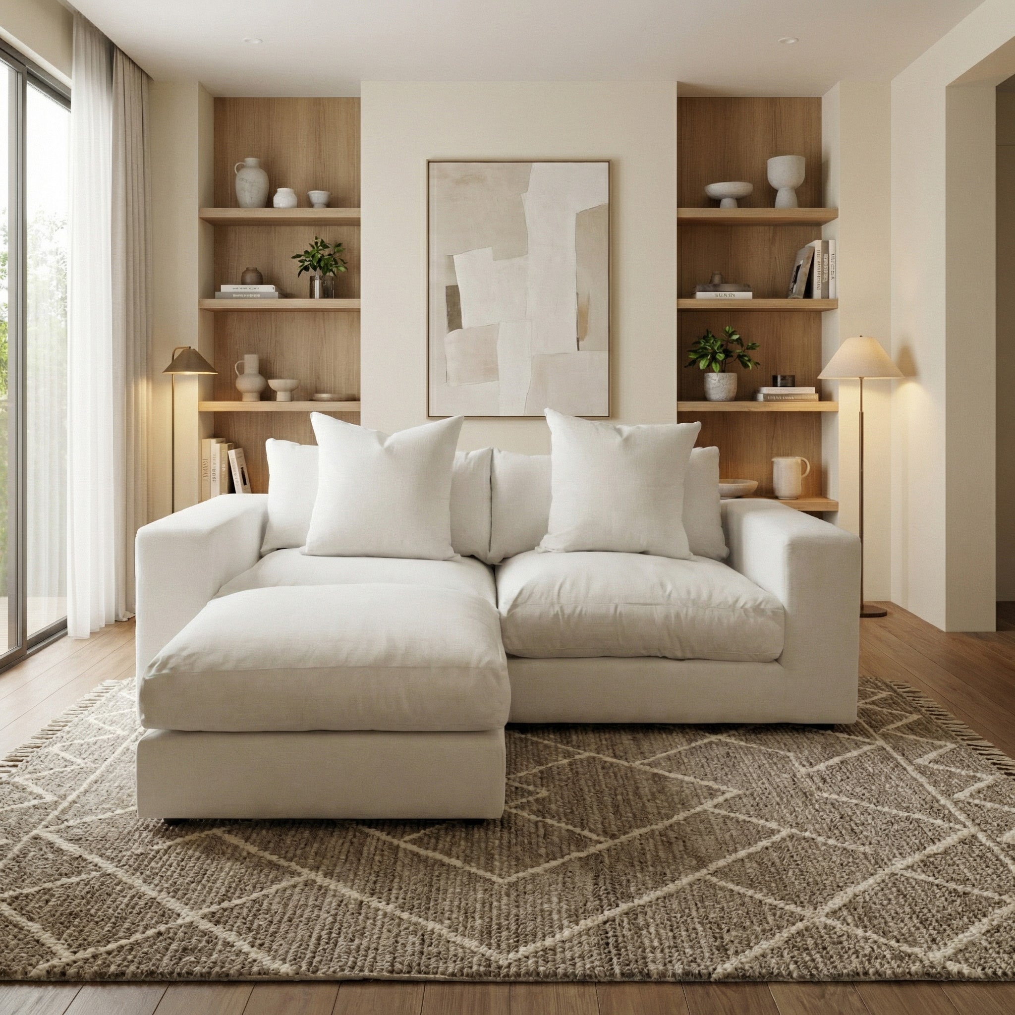 A modern living room featuring the Hampshire Modular 2 Seat Sofa in Warm Grey linen-effect fabric, complemented by a neutral rug, bookshelves, and abstract art on the wall.