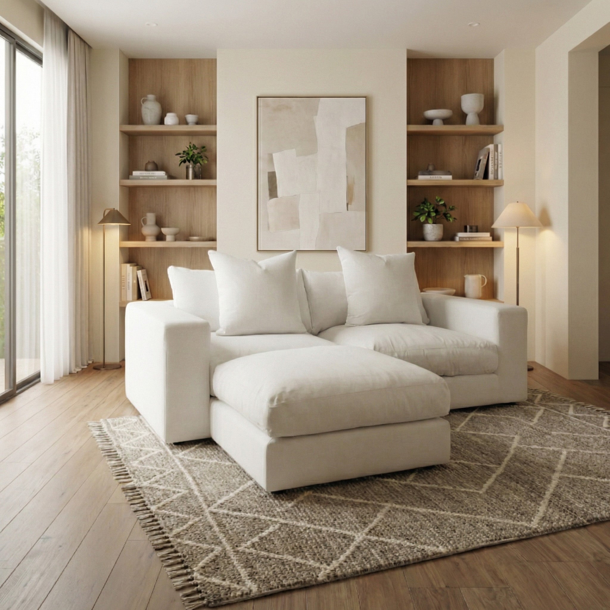 Modern living room featuring the Hampshire Modular 2 Seat Sofa in Warm Grey, complemented by neutral decor, wooden shelves, and a large window that fills the space with natural light.