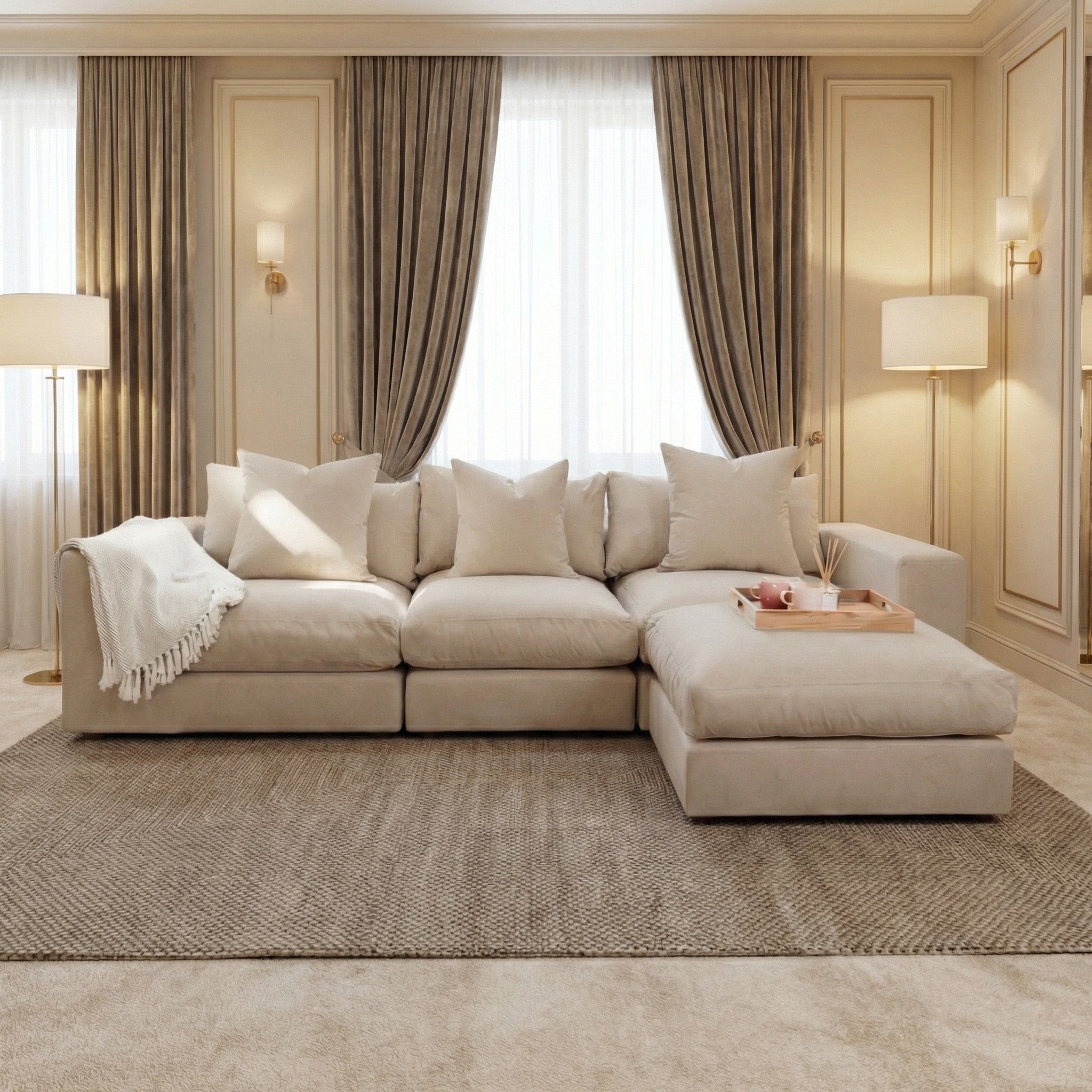 Elegant living room with the Hampshire Modular 3 Seat Sofa in Beige featuring duck feather cushions, complemented by floor lamps and long curtains framing tall windows.