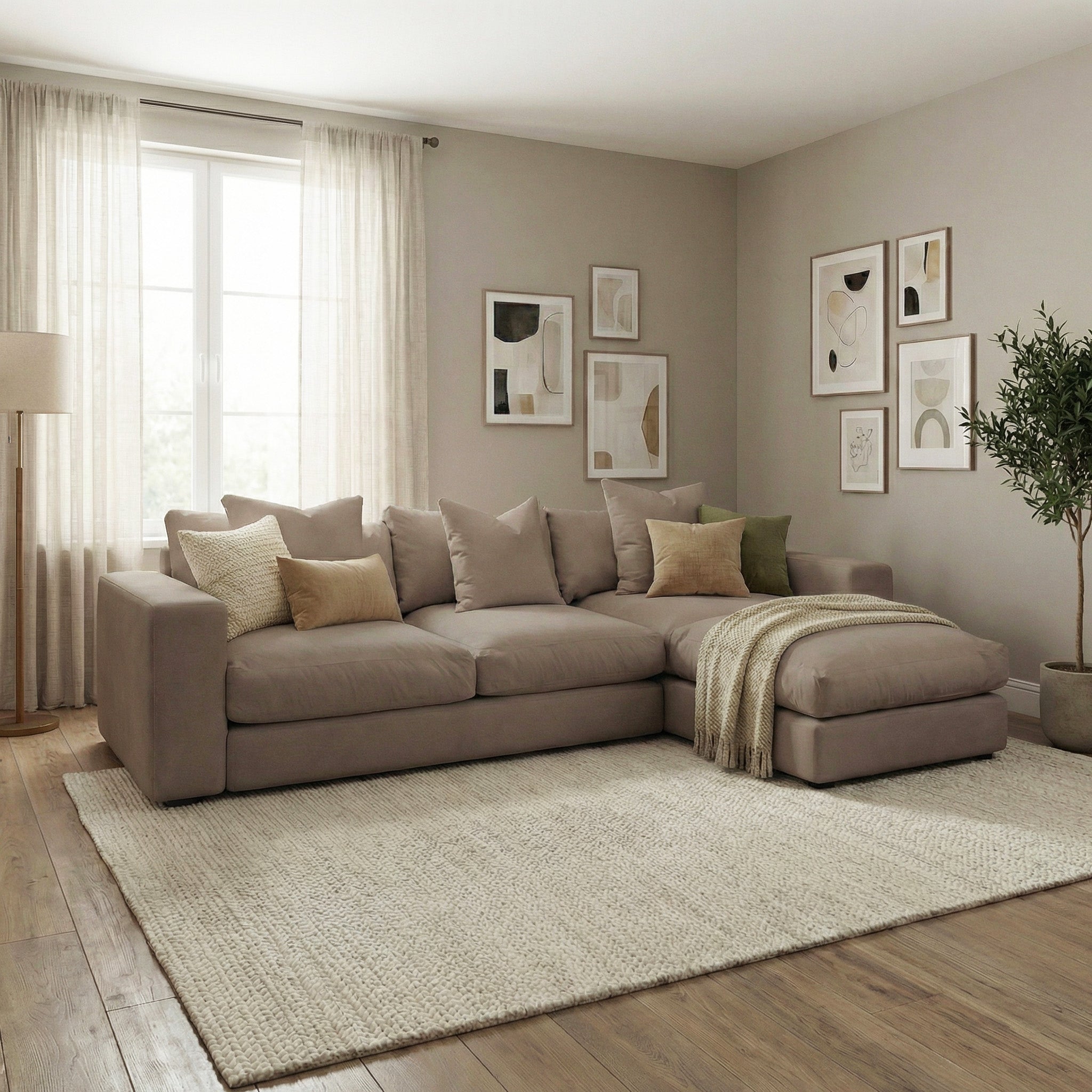 Neutral living room featuring the Hampshire Modular 3 Seat Sofa in Cocoa with duck feather cushions, cozy pillows, a light rug, wall art, and a potted plant.