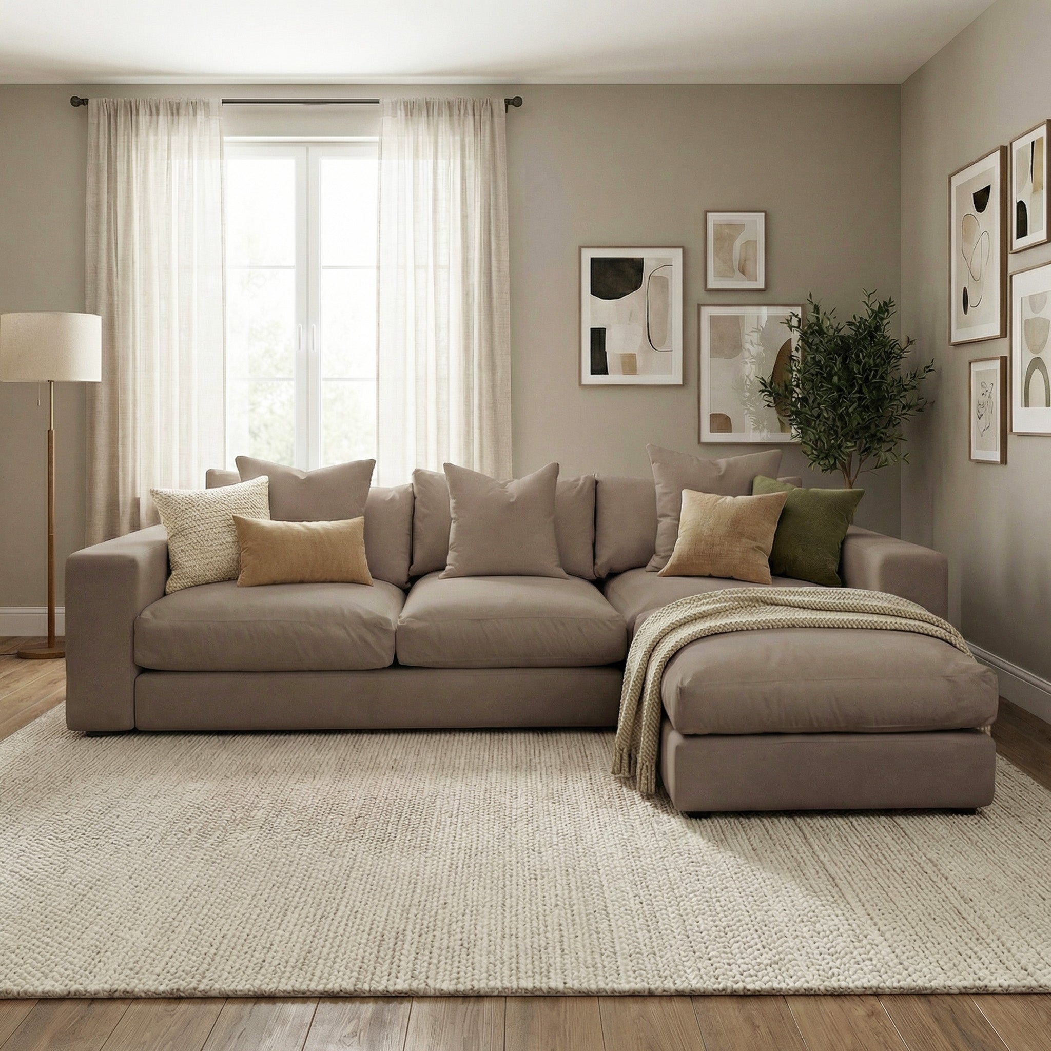 Modern living room with a Hampshire Modular 3 Seat Sofa in Cocoa featuring plush duck feather cushions, neutral decor, large window, and framed art on beige walls.