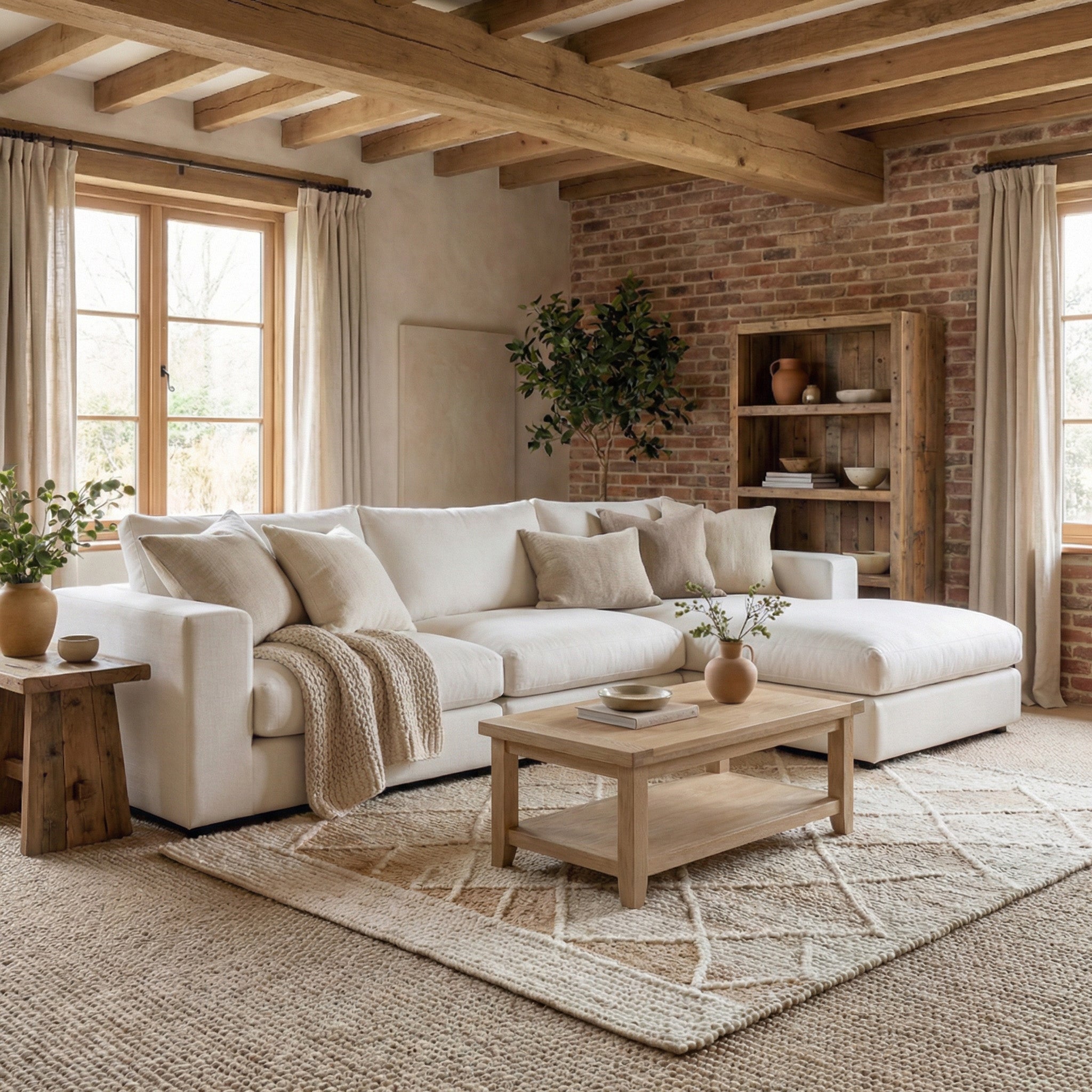 Cozy living room with the Hampshire Modular 3 Seat Sofa in Warm Grey featuring duck feather cushions, a wooden coffee table, brick wall, and neutral decor.