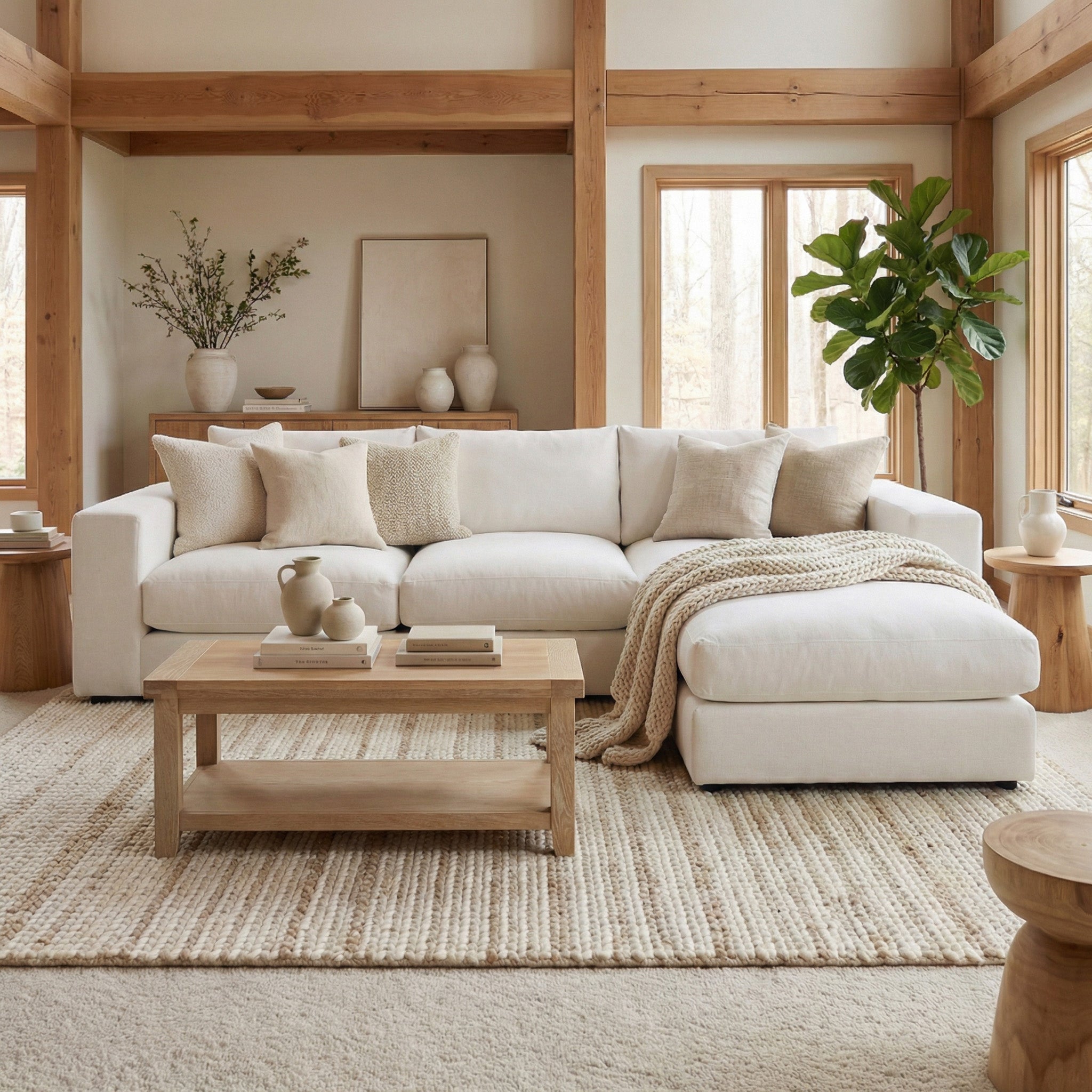 Neutral-toned living room featuring the Hampshire Modular 3 Seat Sofa in Warm Grey with duck feather cushions, a wood coffee table, and large windows.
