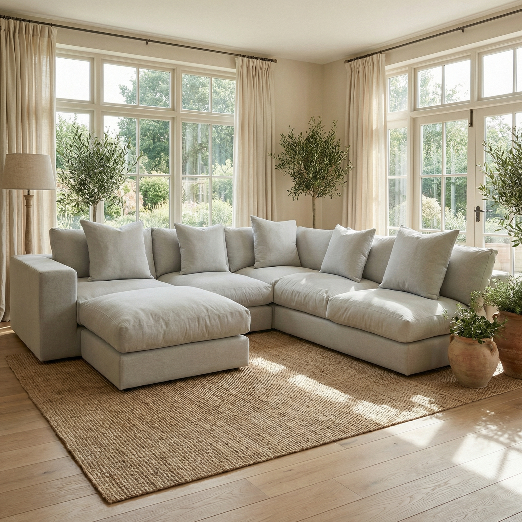 Spacious living room featuring the Hampshire Modular Corner Sofa in Classic Grey, a jute rug, potted plants, and large windows.