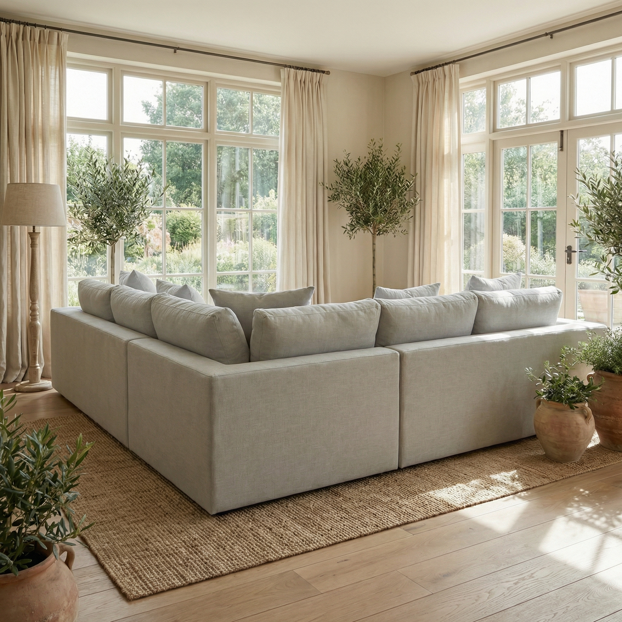 Bright living room with a Hampshire Modular Corner Sofa in Classic Grey, potted plants, and floor-to-ceiling windows.