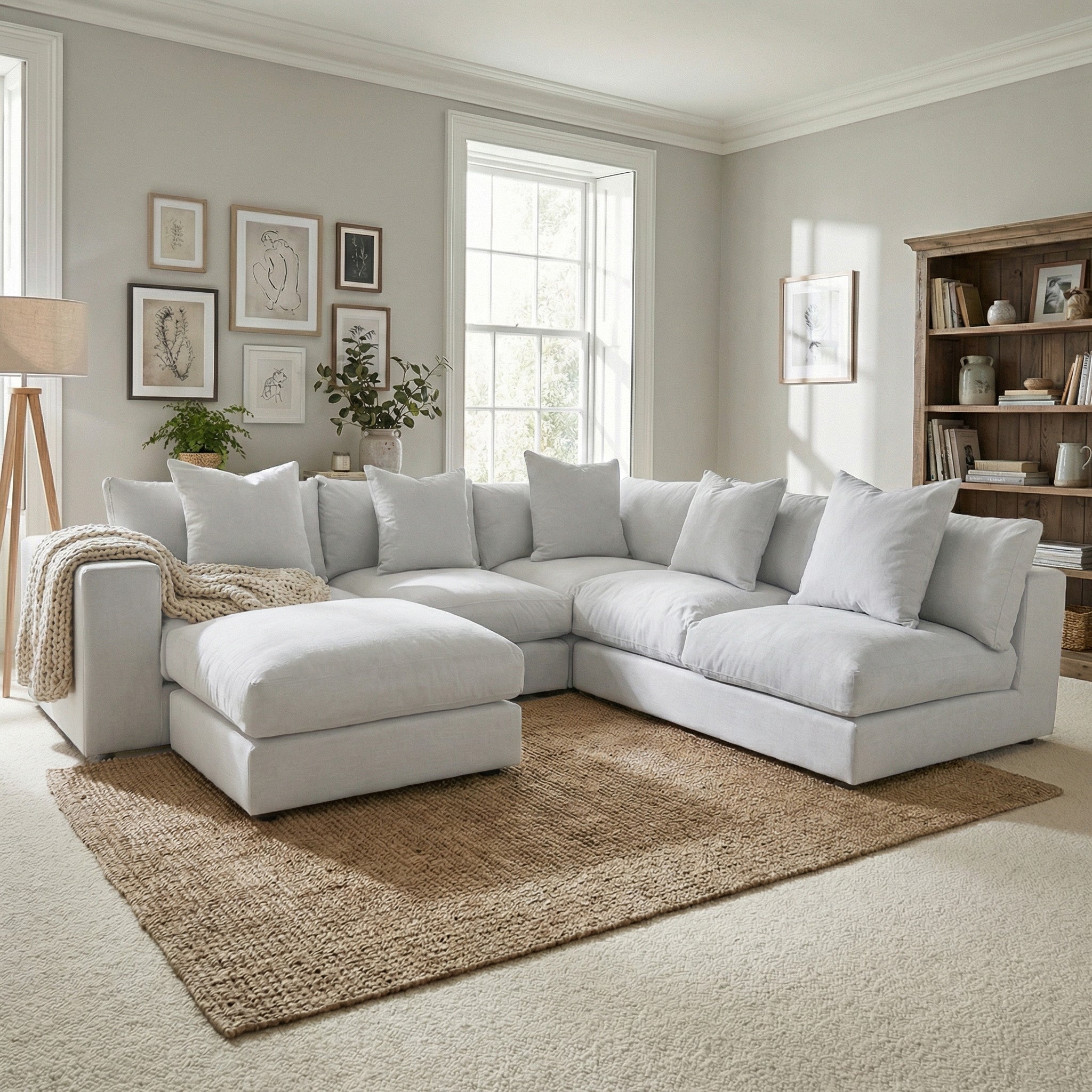 Bright living room with a large Hampshire Modular Corner Sofa in Dove Grey, neutral decor, and a woven rug on carpet.