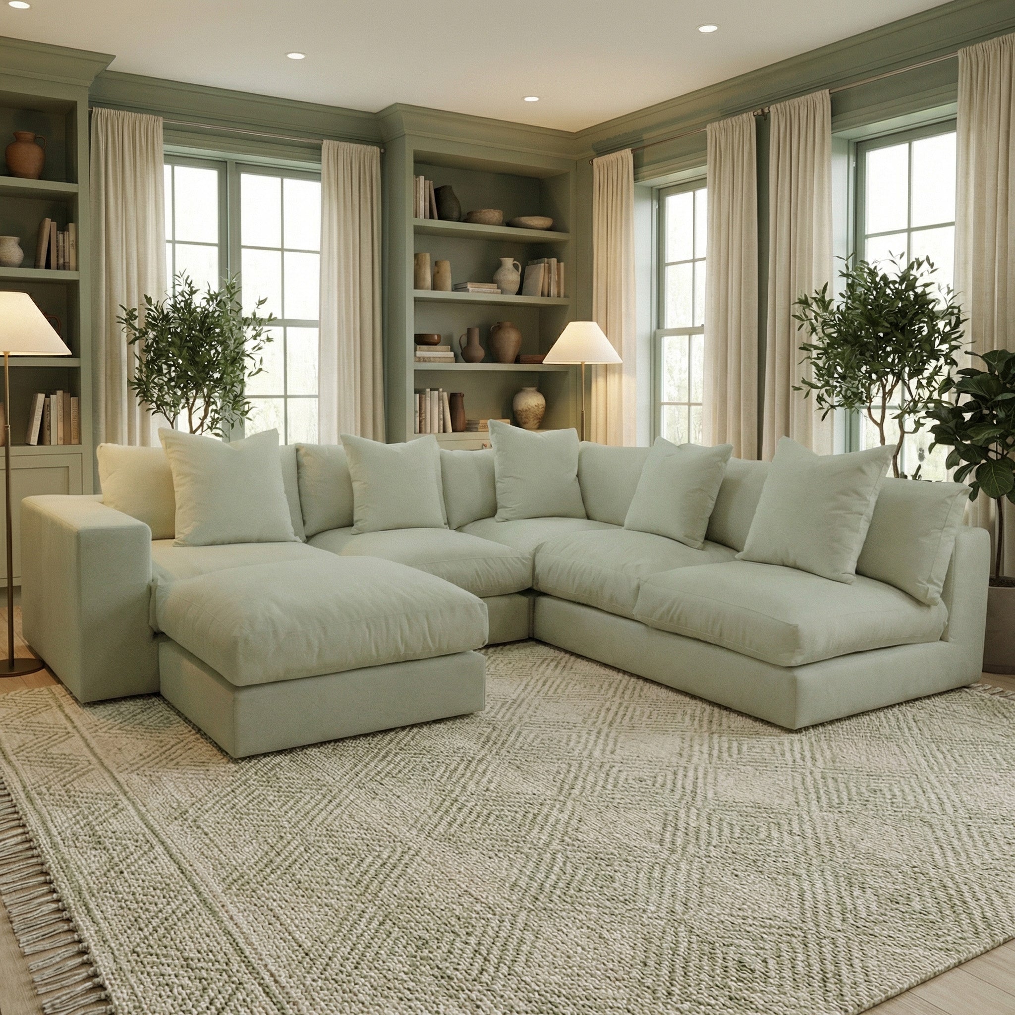Moss Green Hampshire Modular Corner Sofa in a cozy living room with large windows, plants, and neutral décor.