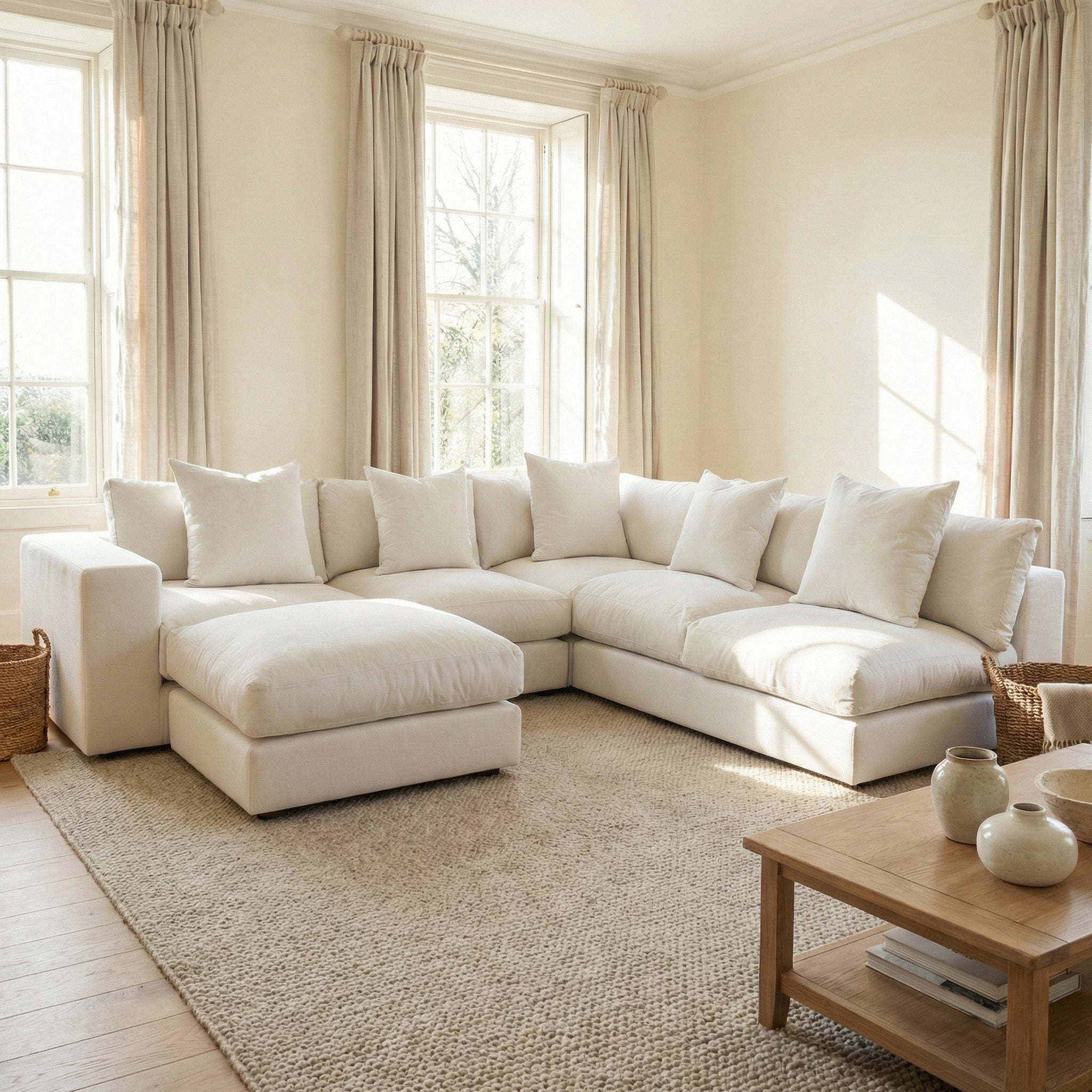 Bright living room with large Hampshire Modular Corner Sofa in Warm Grey, beige rug, wooden coffee table, and light curtains. This stunning sofa is handmade in England for comfort and style.