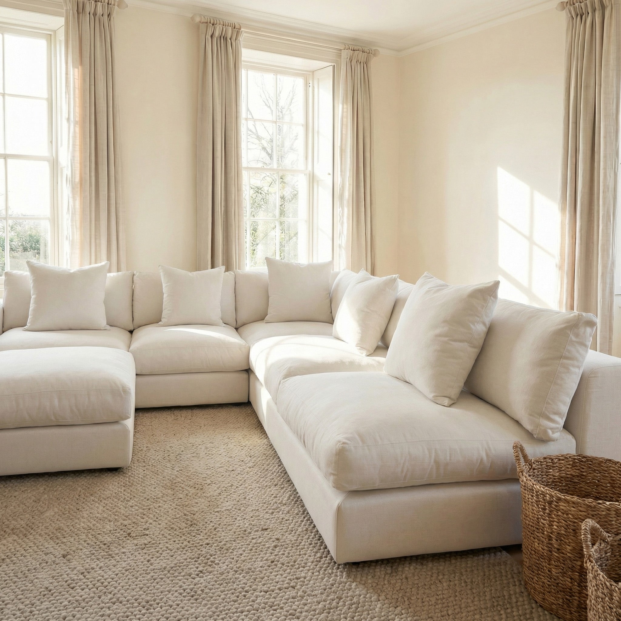 A bright living room with the Hampshire Modular Corner Sofa in Warm Grey, beige curtains, and a woven basket on a textured rug creates an inviting space. Handmade in England, this sofa blends timeless comfort with style.